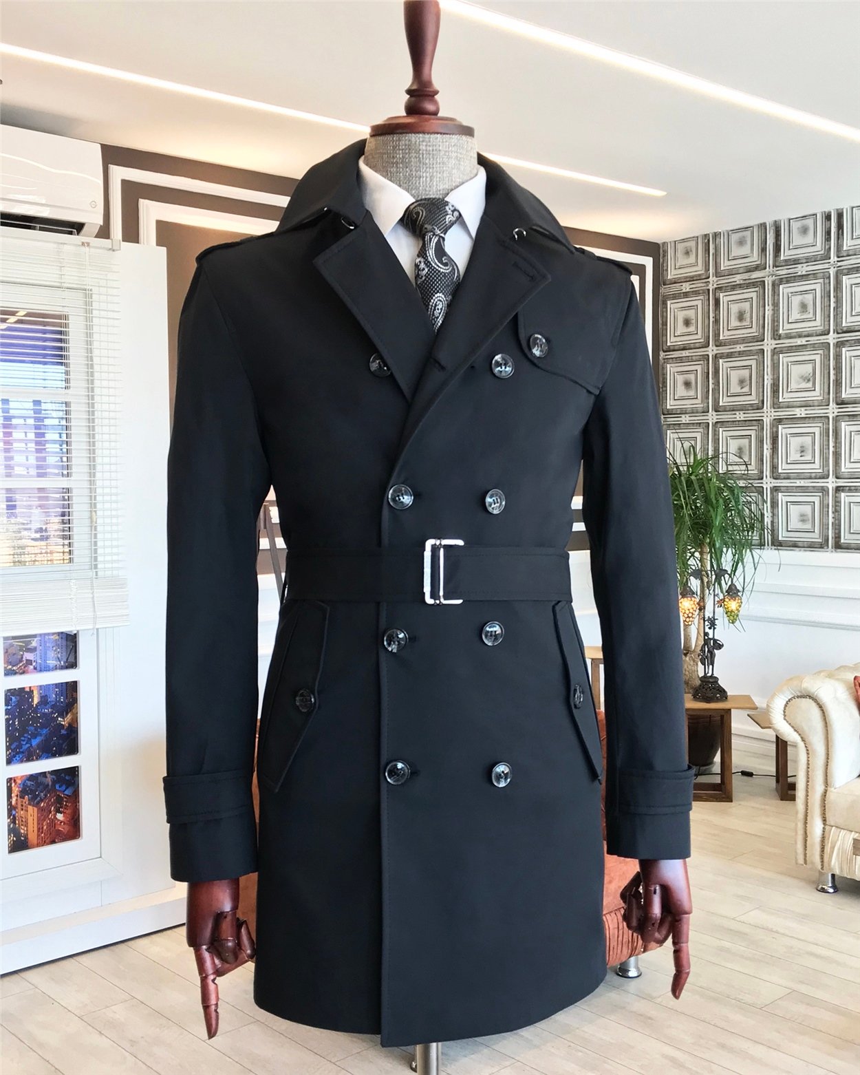 İtalyan stil slim fit mevsimlik erkek trençkot mont Siyah T4977