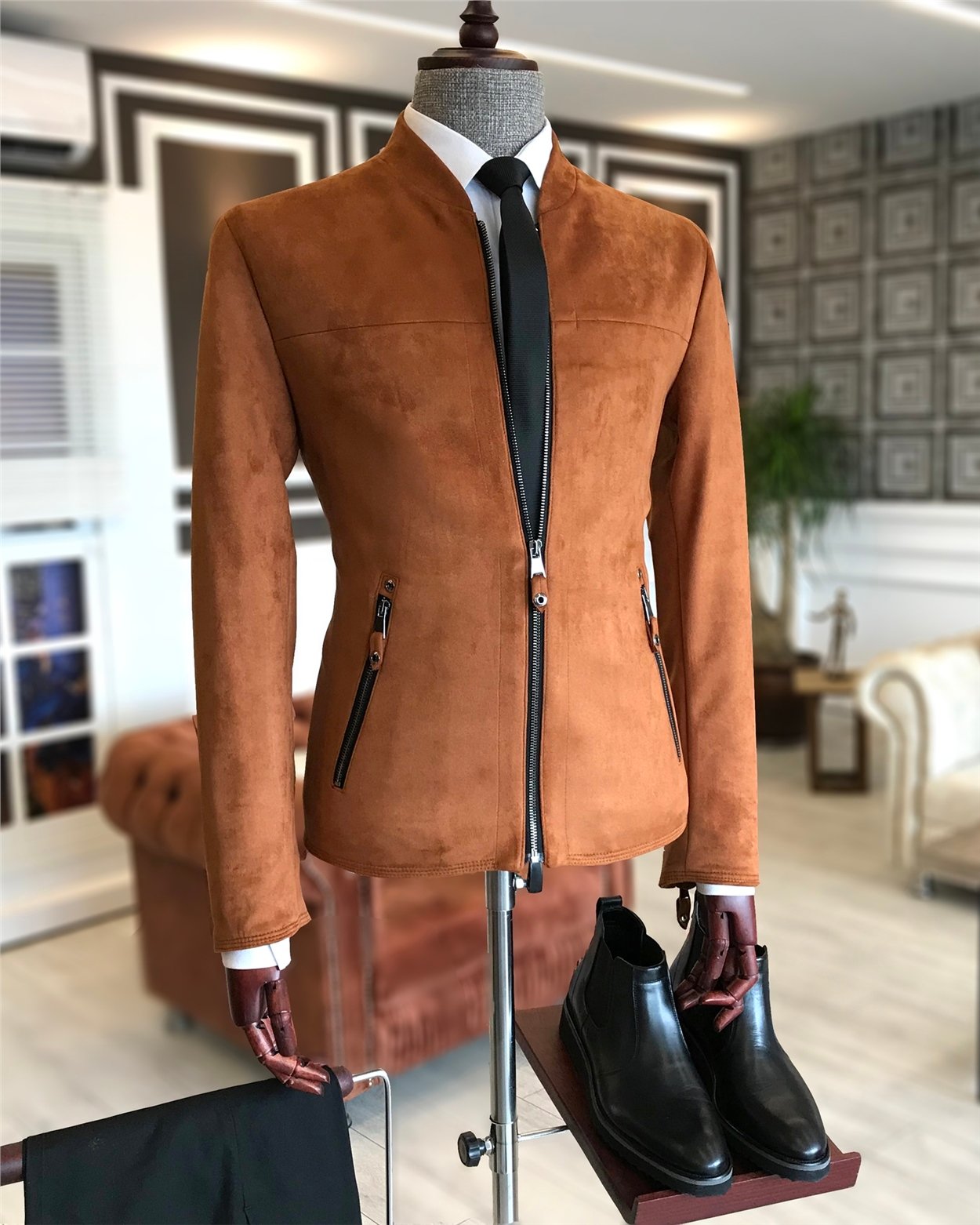 İtalyan stil slim fit mevsimlik erkek süet mont ince ceket Kiremit T4909