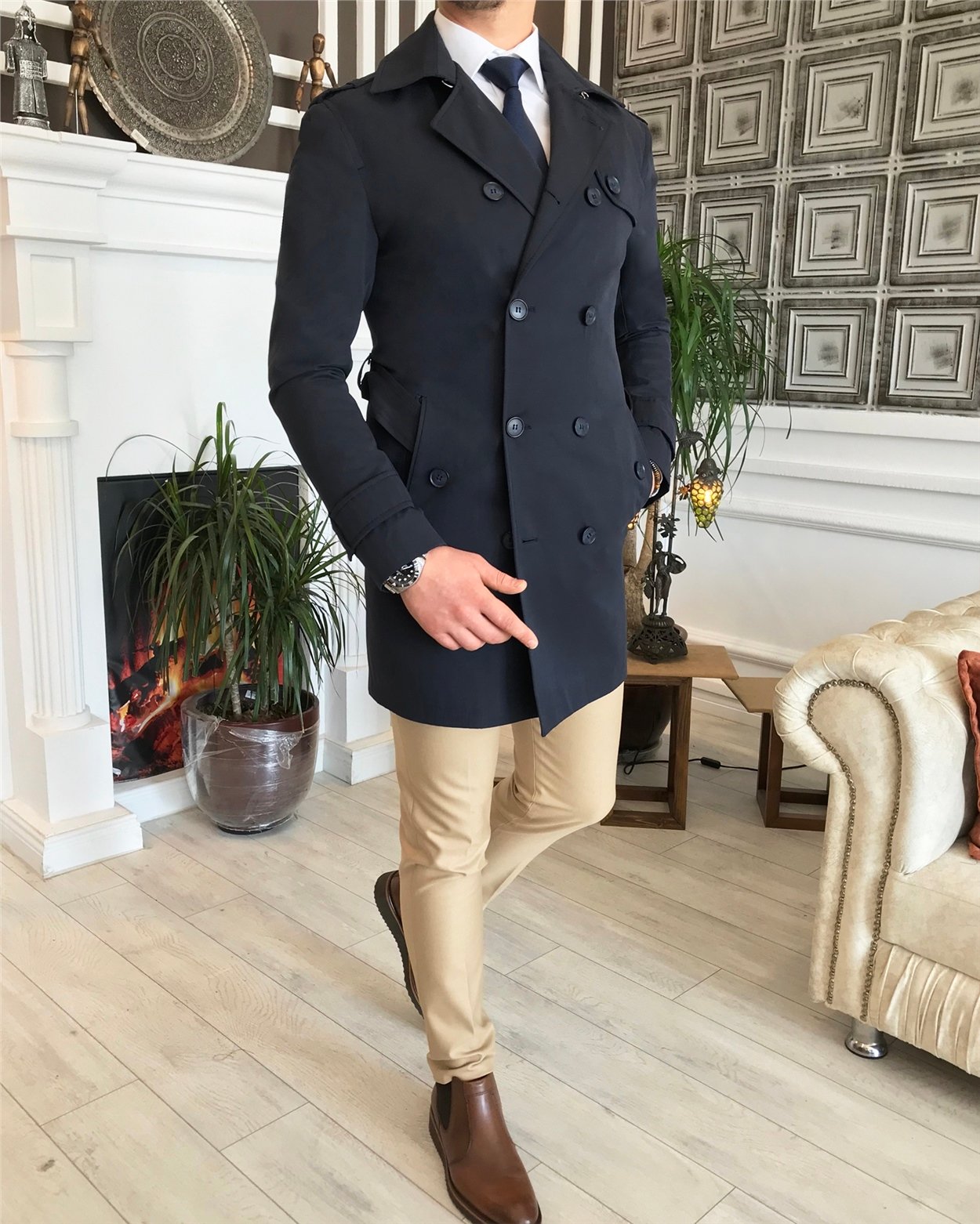 İtalyan stil slim fit mevsimlik erkek trençkot mont Lacivert T4979
