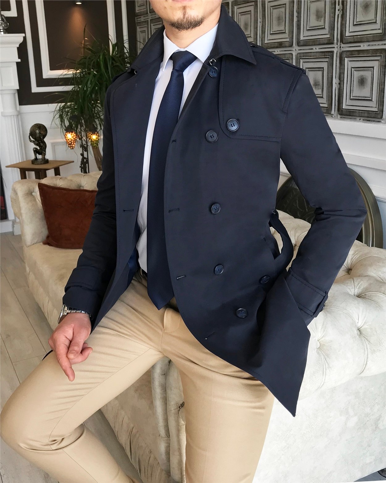 İtalyan stil slim fit mevsimlik erkek trençkot mont Lacivert T4979