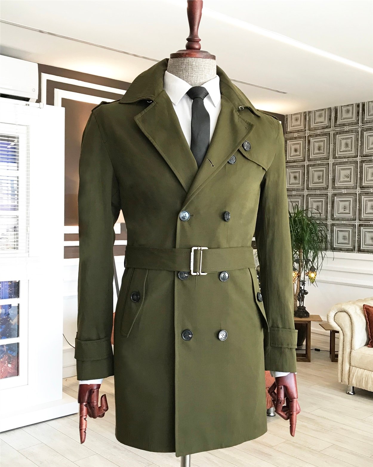 İtalyan stil slim fit mevsimlik erkek trençkot mont Yeşil T4976
