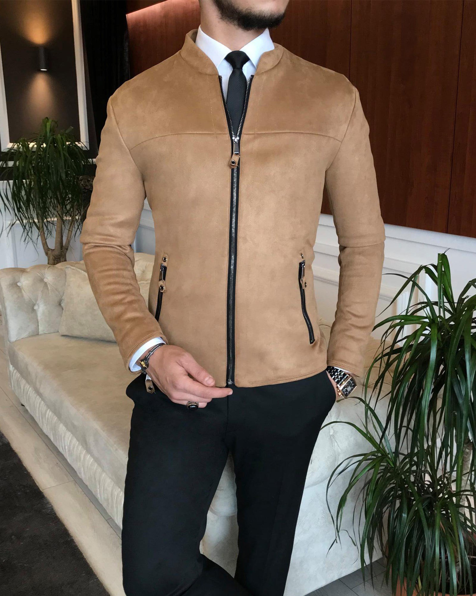 İtalyan stil slim fit mevsimlik erkek süet mont ince ceket camel T6428
