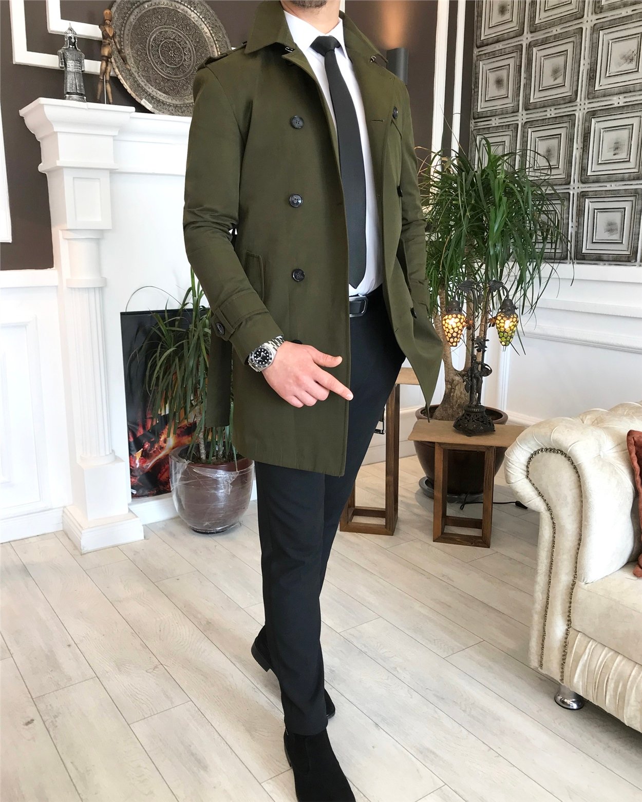 İtalyan stil slim fit mevsimlik erkek trençkot mont Yeşil T4976
