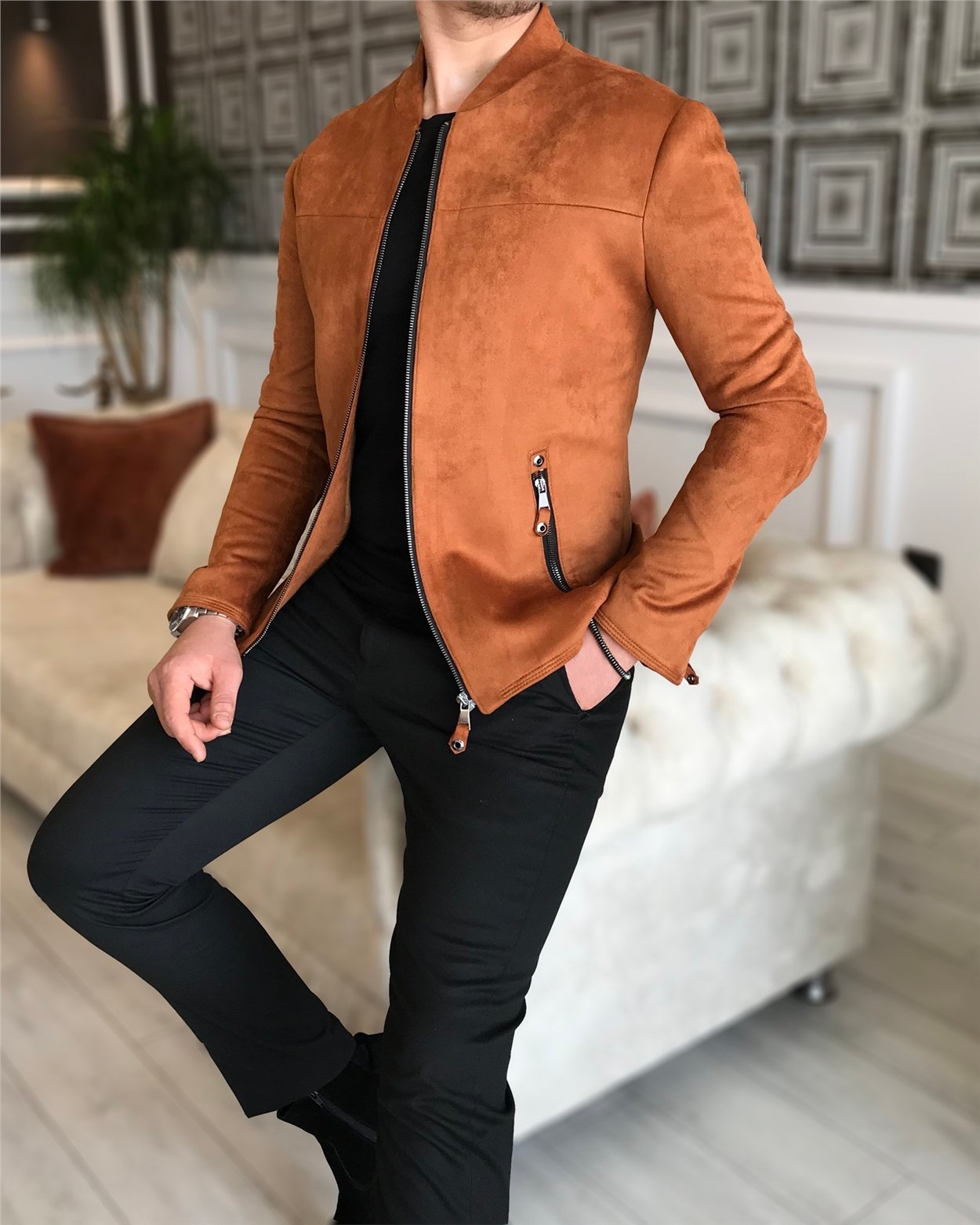 İtalyan stil slim fit mevsimlik erkek süet mont ince ceket Kiremit T4909