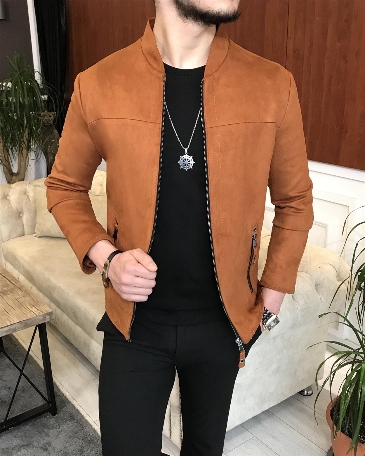 İtalyan stil slim fit mevsimlik erkek süet mont ince ceket Kiremit T4909