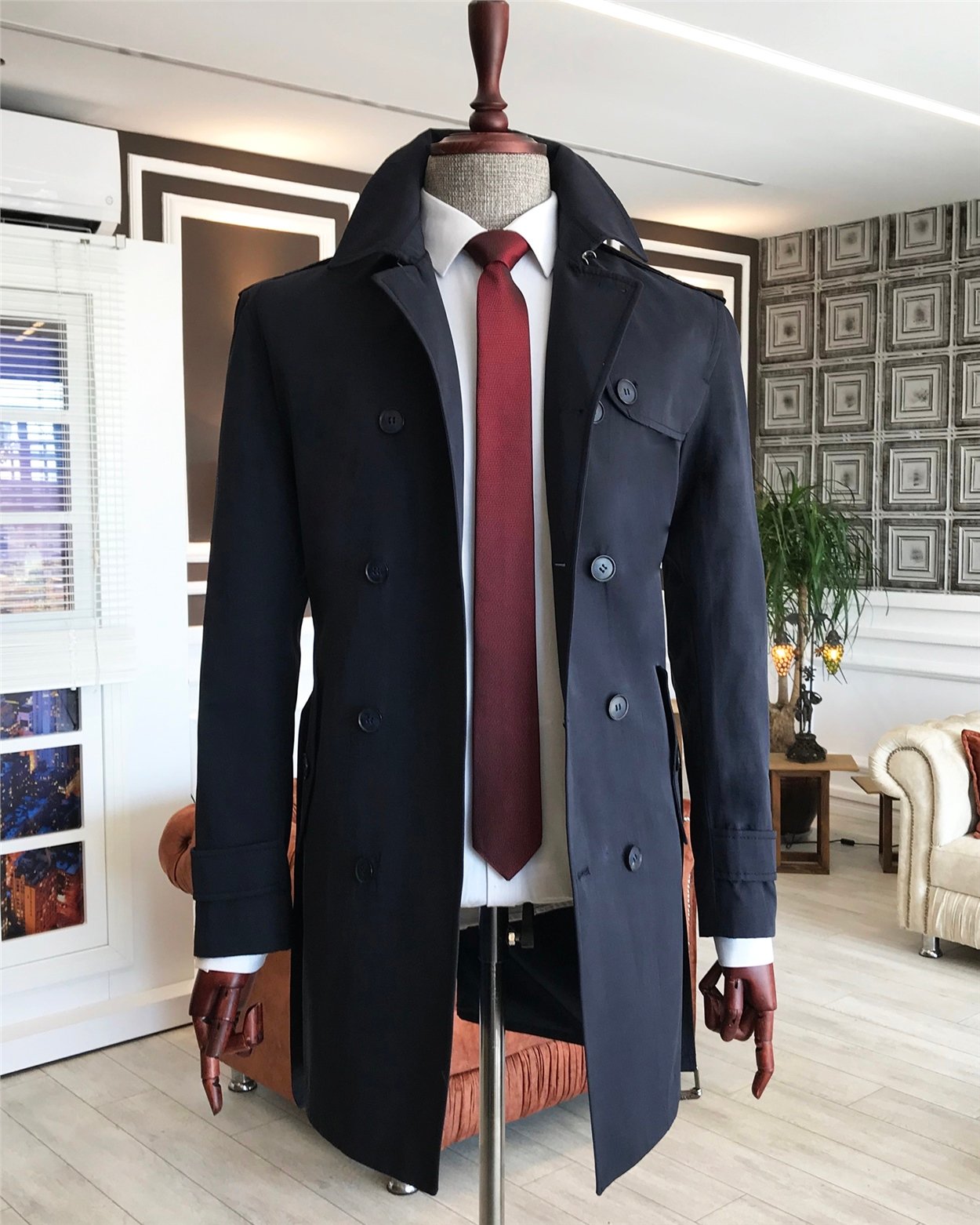 İtalyan stil slim fit mevsimlik erkek trençkot mont Lacivert T4979