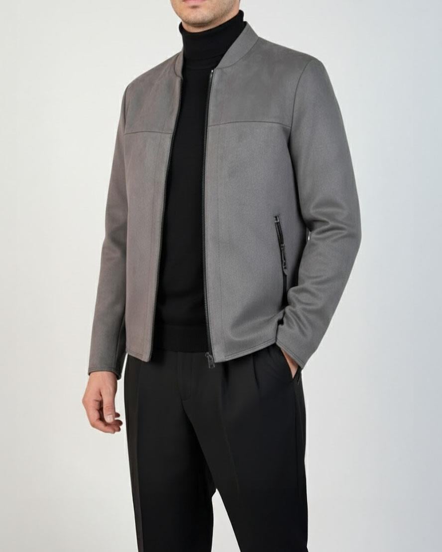 İtalyan stil slim fit mevsimlik erkek süet mont gri T9175
