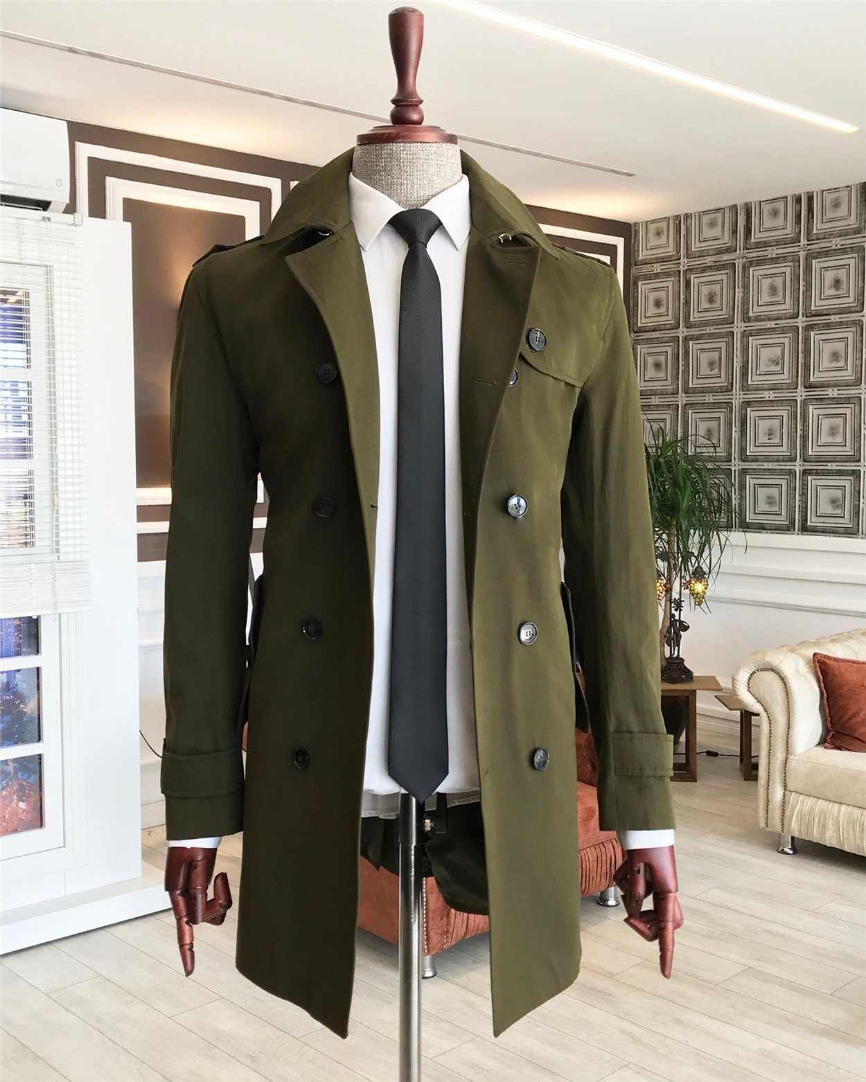 İtalyan stil slim fit mevsimlik erkek trençkot mont Yeşil T4976