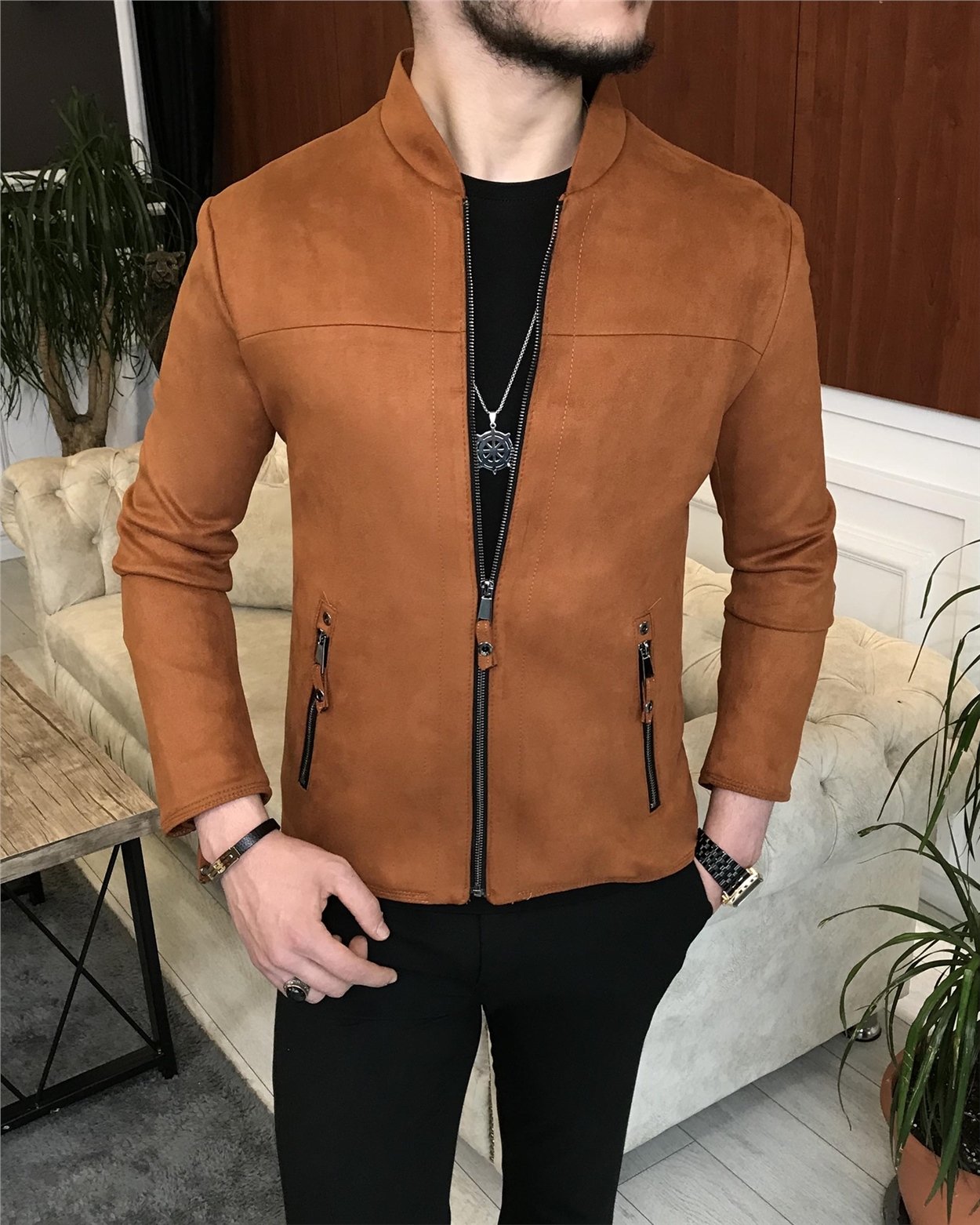 İtalyan stil slim fit mevsimlik erkek süet mont ince ceket Kiremit T4909