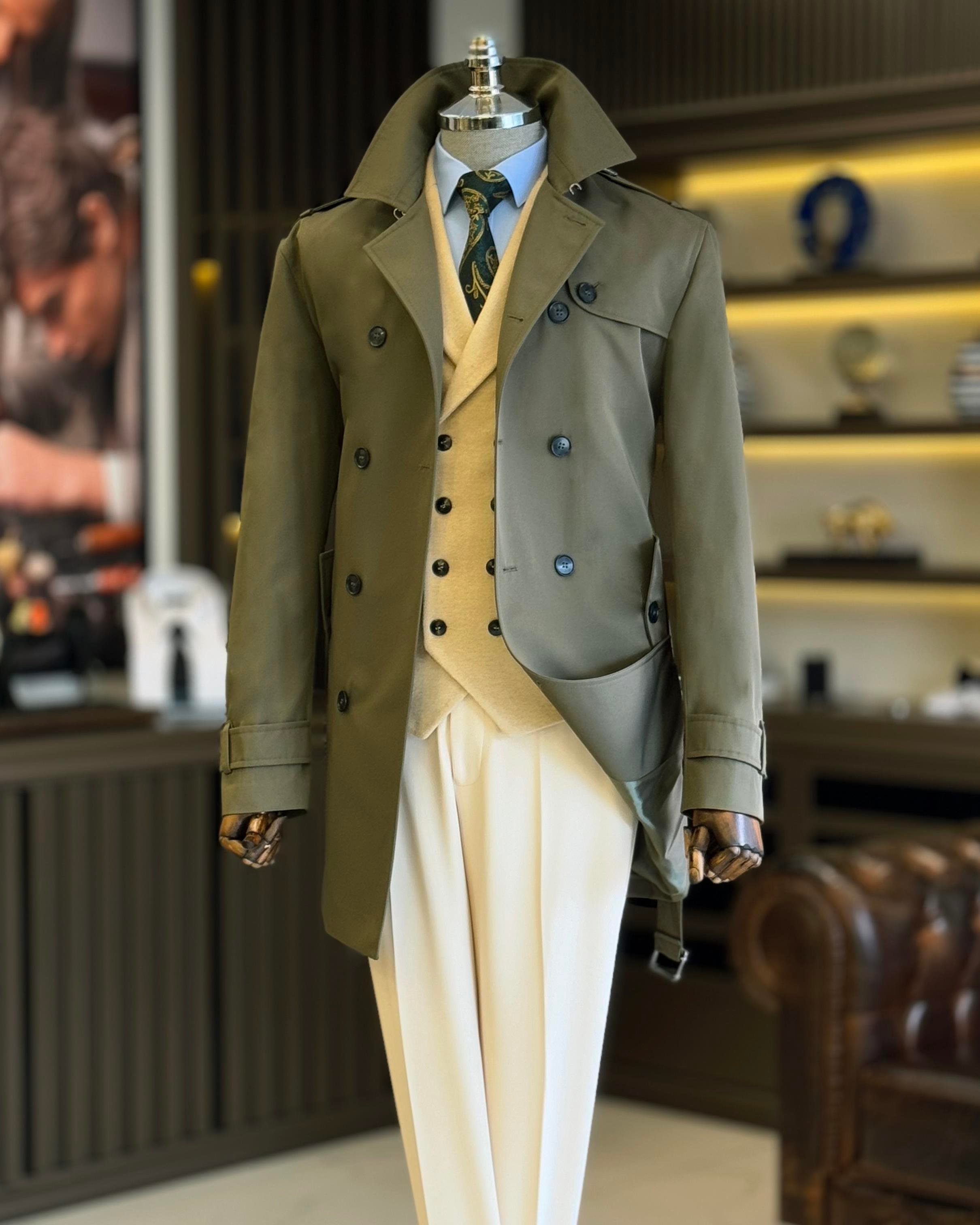 İtalyan stil slim fit mevsimlik erkek trençkot mont Yeşil T4976