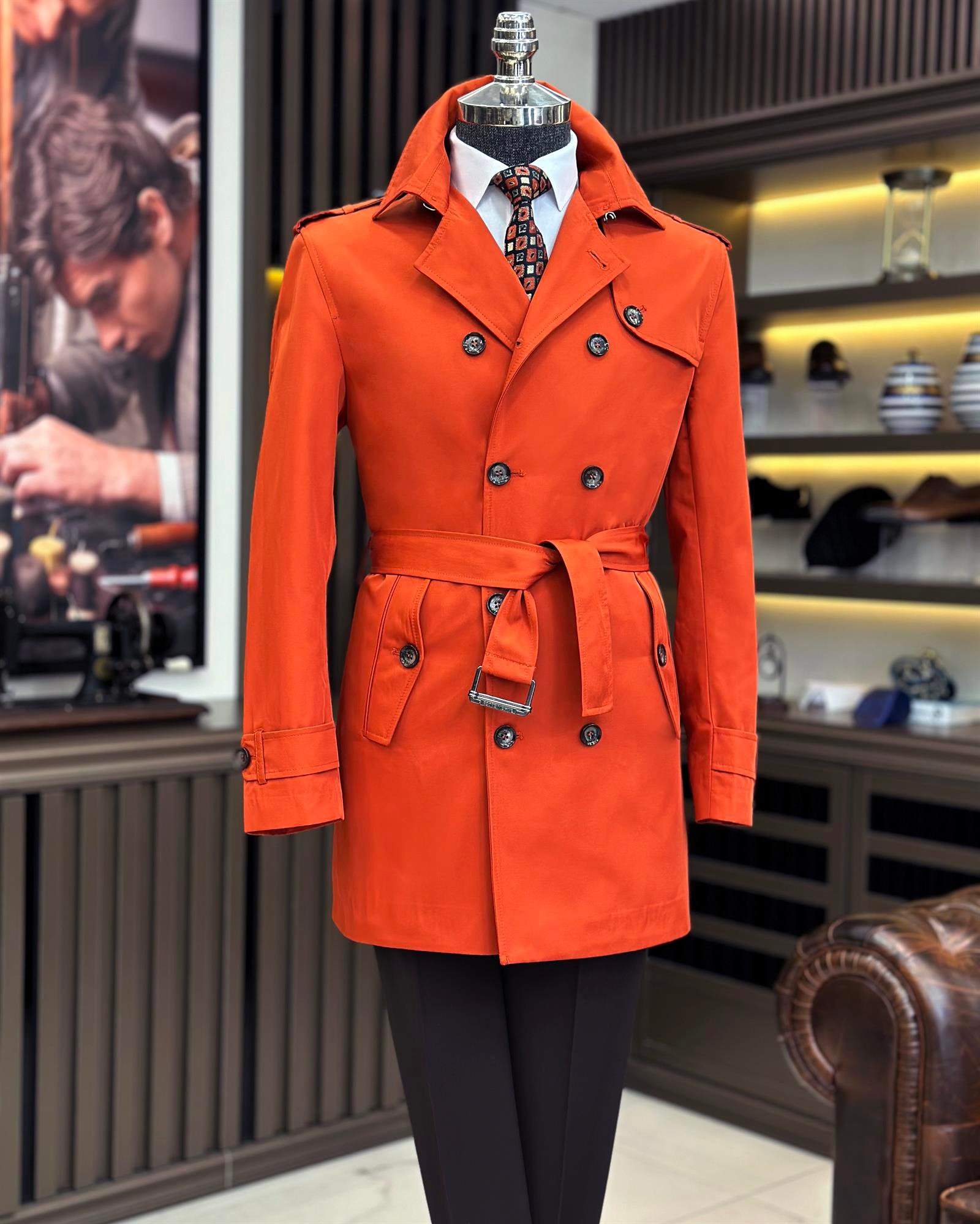 İtalyan stil slim fit mevsimlik erkek trençkot mont turuncu T10060