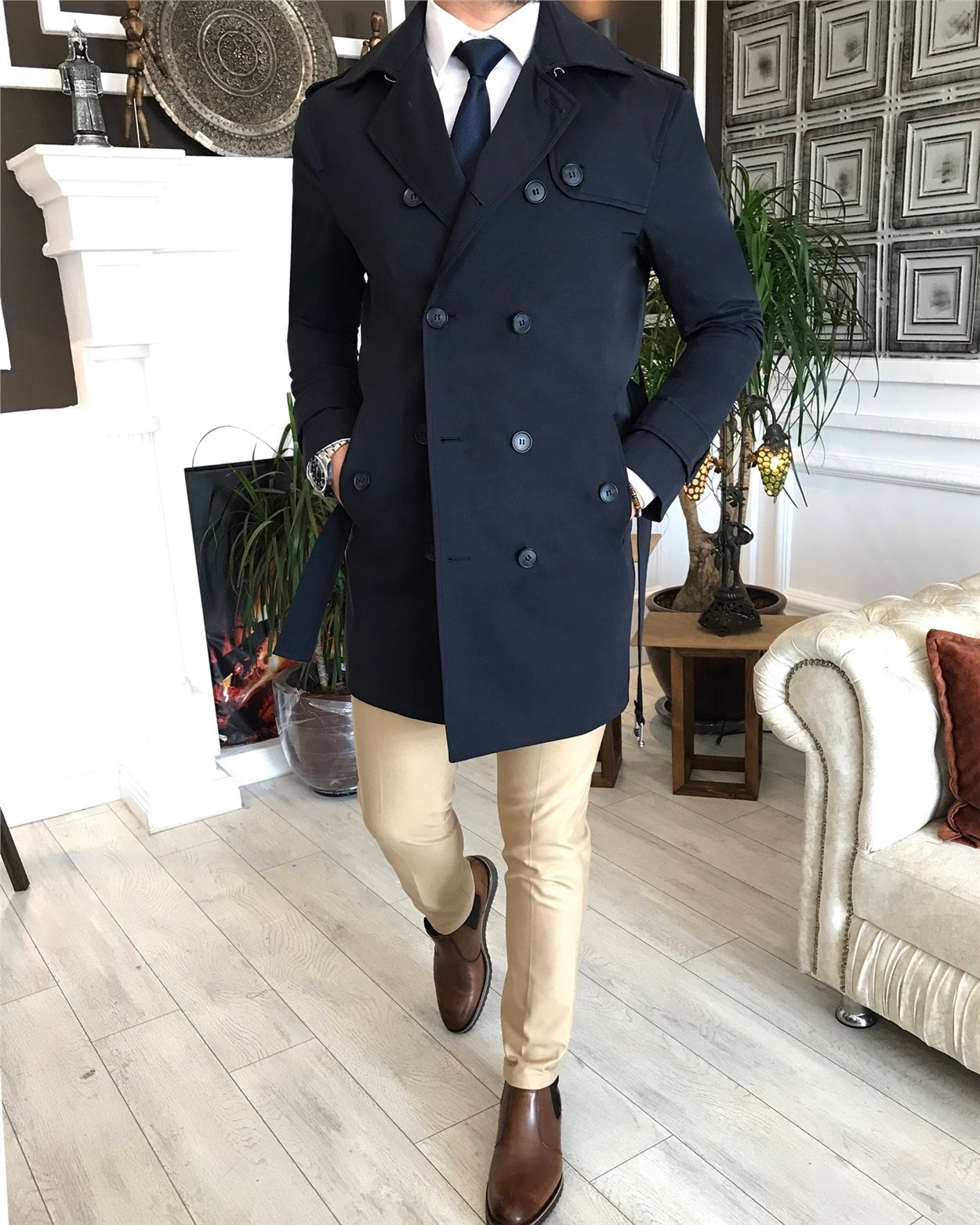 İtalyan stil slim fit mevsimlik erkek trençkot mont Lacivert T4979
