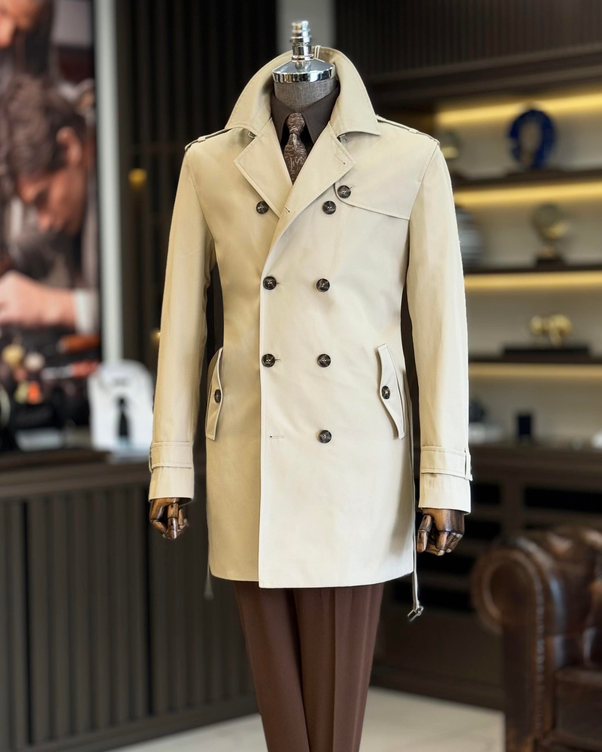 İtalyan stil slim fit mevsimlik erkek trençkot mont bej T11871