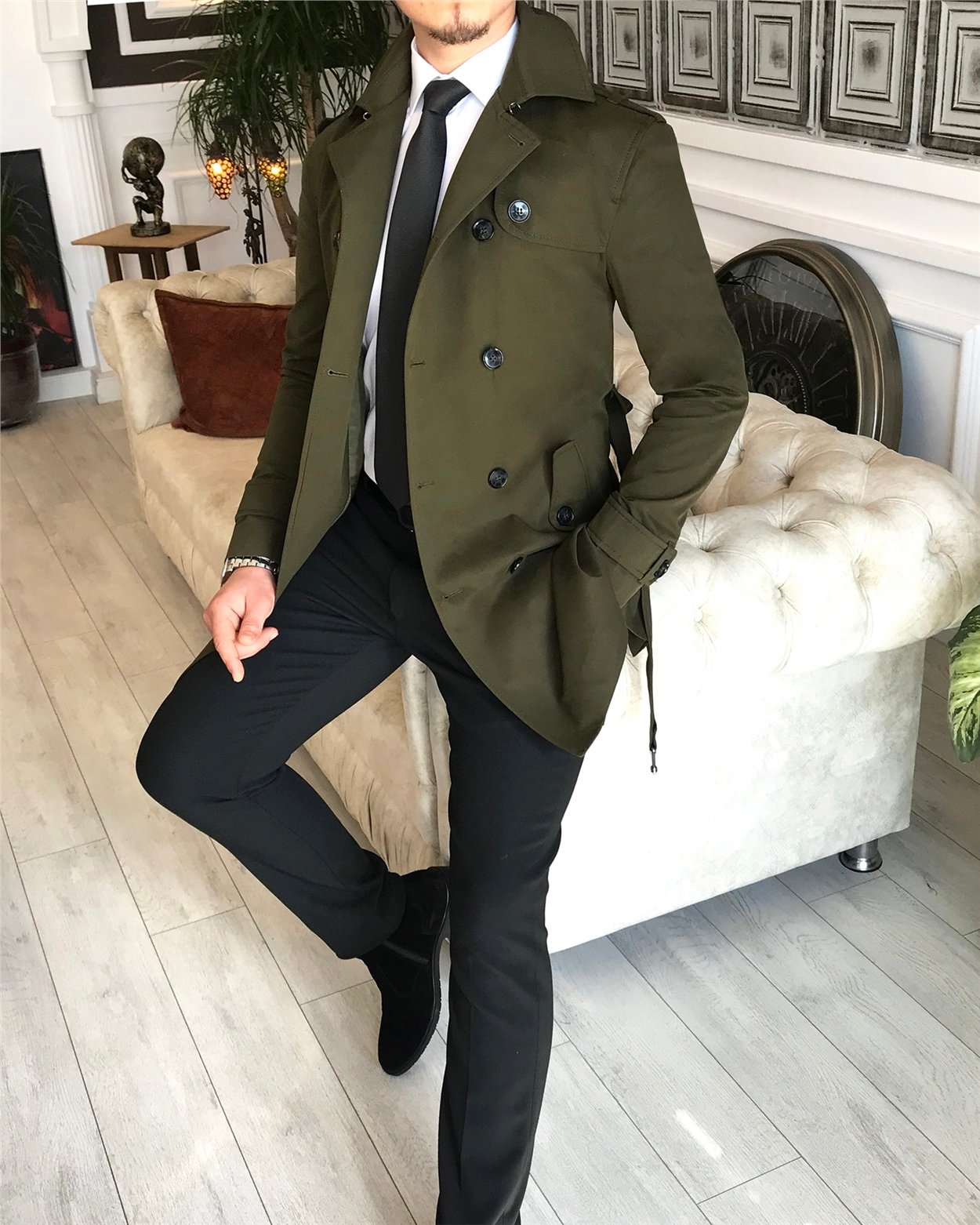 İtalyan stil slim fit mevsimlik erkek trençkot mont Yeşil T4976