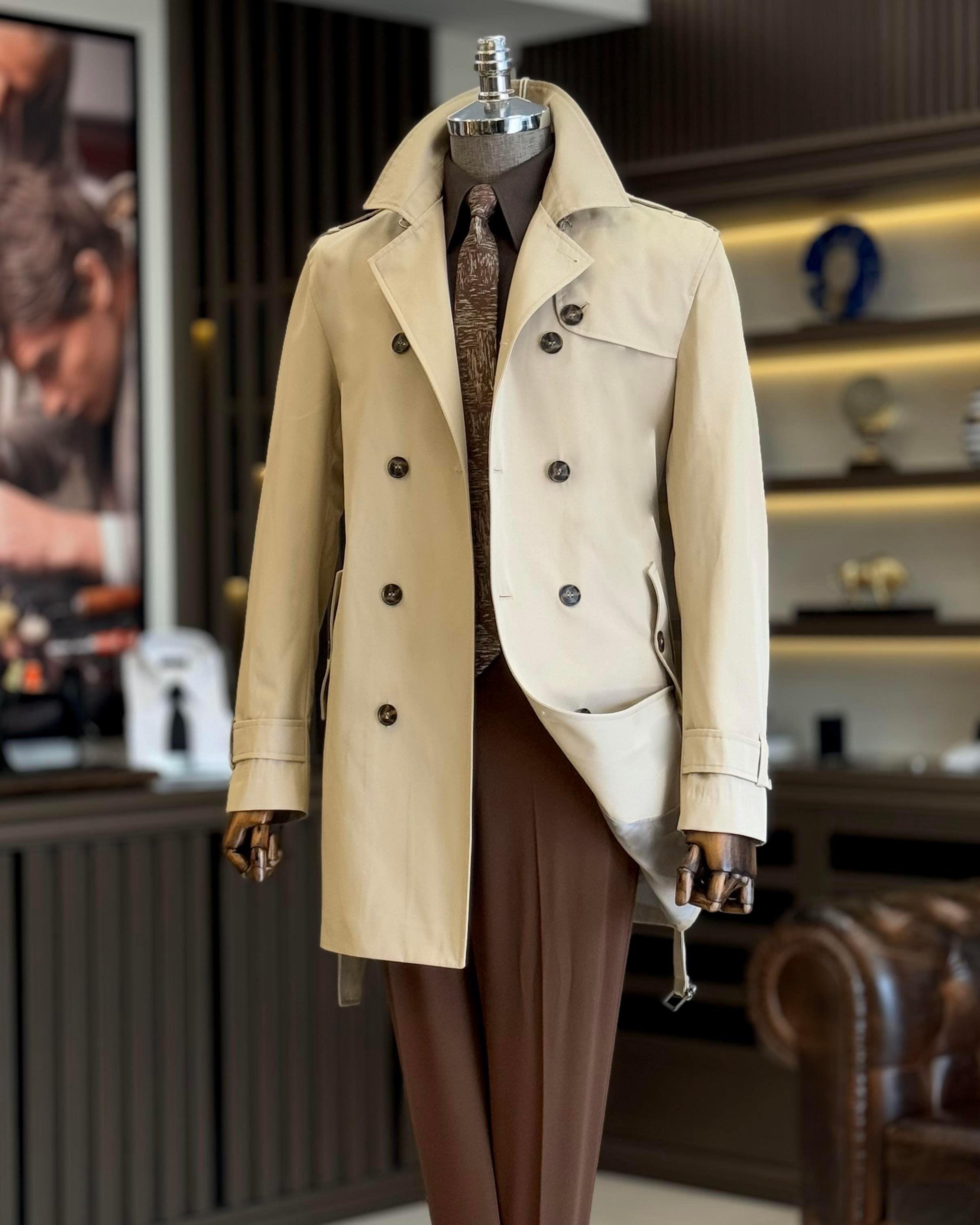 İtalyan stil slim fit mevsimlik erkek trençkot mont bej T11871