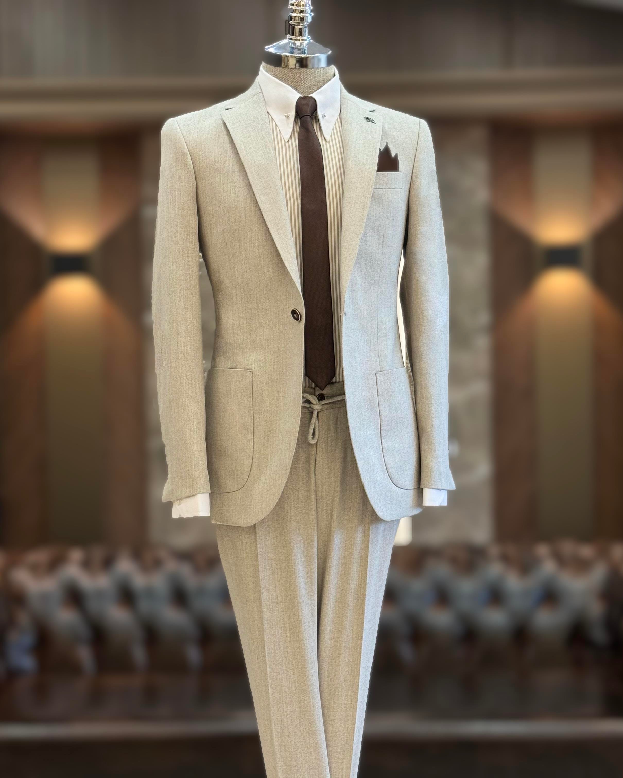 İtalyan stil slim fit mono yaka ceket pantolon takım elbise bej T11543