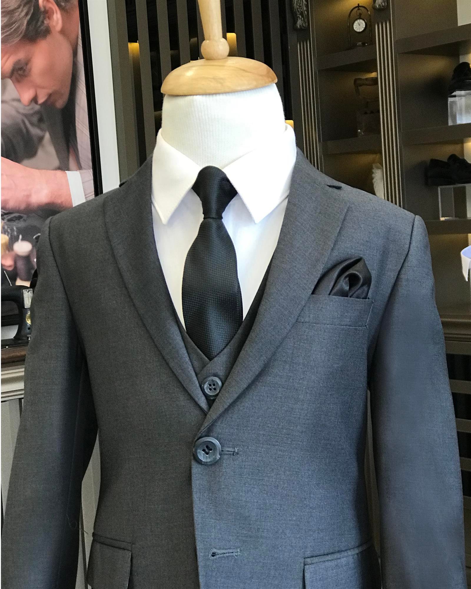 İtalyan stil slim fit mono yaka ceket yelek pantolon çocuk takım elbise set antrasit T8808