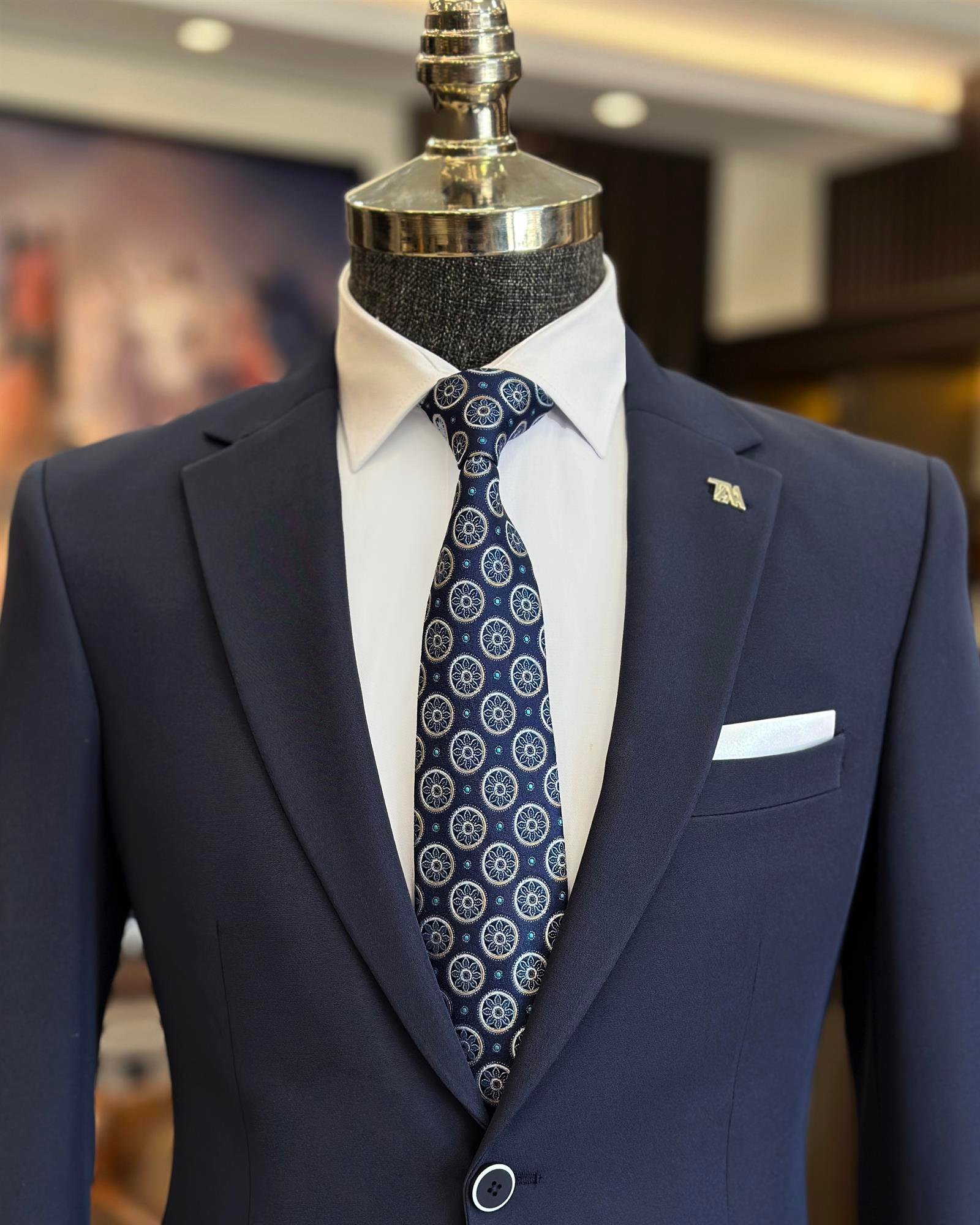 İtalyan stil slim fit mono yaka ceket pantolon takım elbise lacivert T9999
