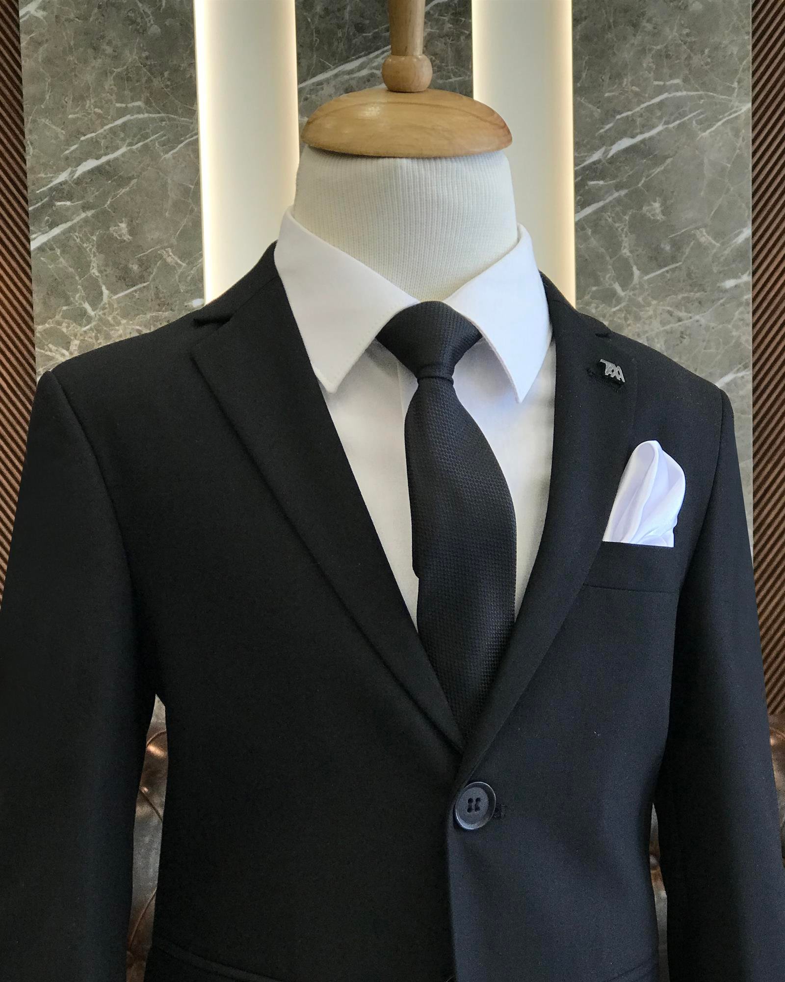 İtalyan stil slim fit mono yaka ceket pantolon çocuk takım elbise set Siyah T8214