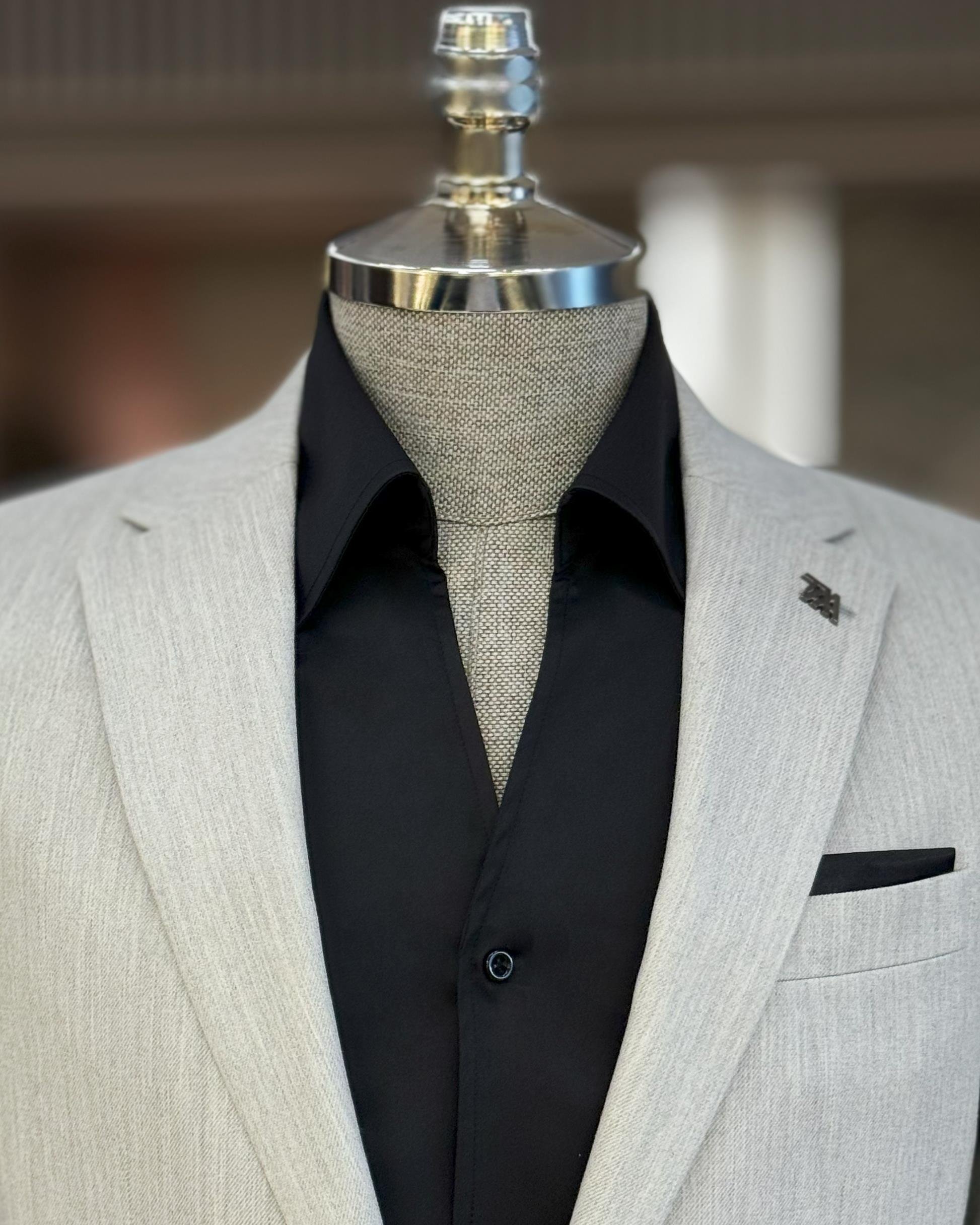 İtalyan stil slim fit mono yaka ceket pantolon takım elbise gri T11547