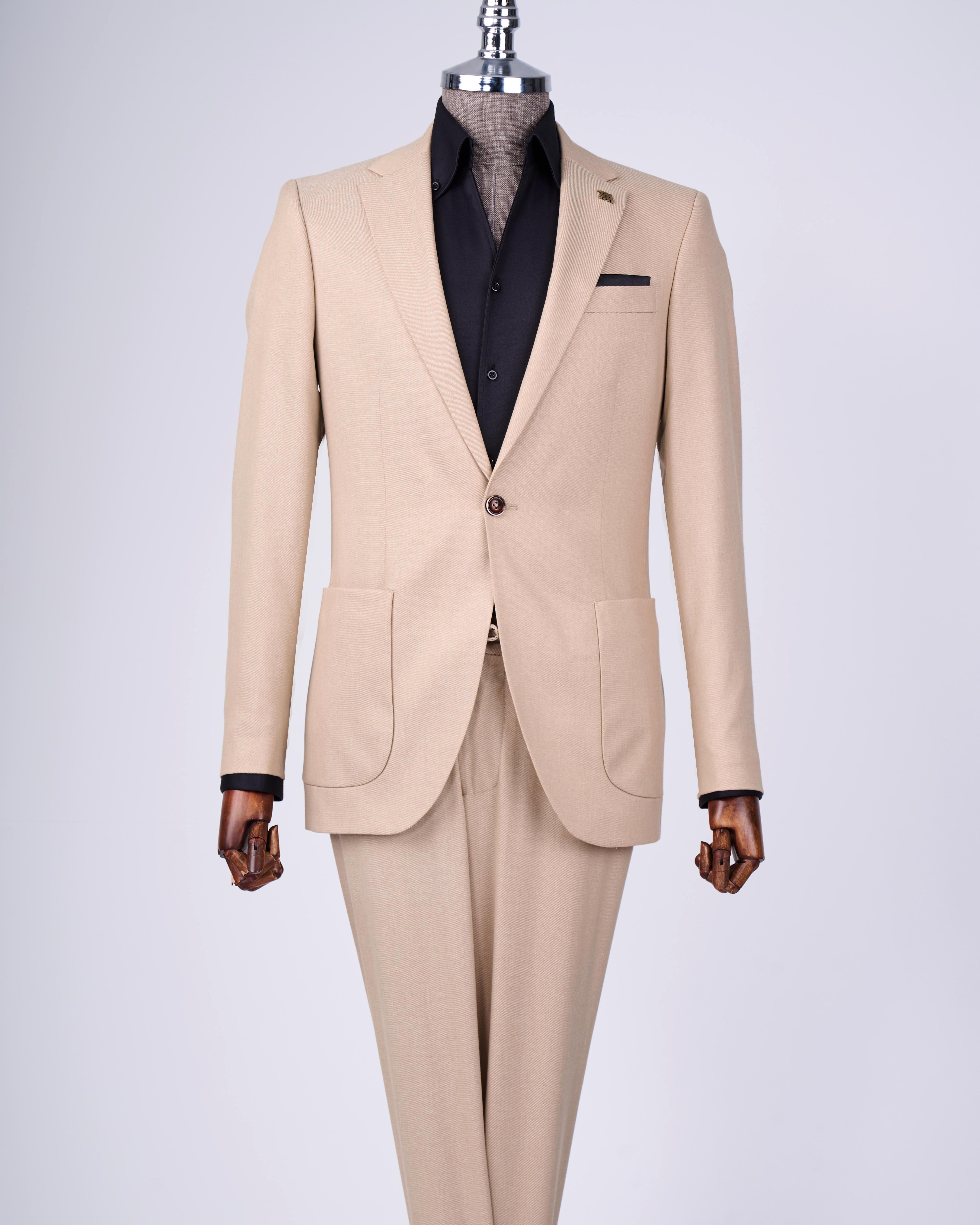Italian style slim fit mono collar jacket pants suit camel T11545