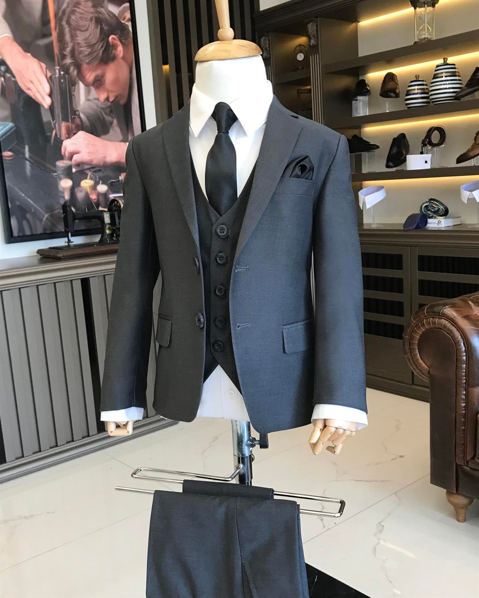 İtalyan stil slim fit mono yaka ceket yelek pantolon çocuk takım elbise set antrasit T8808