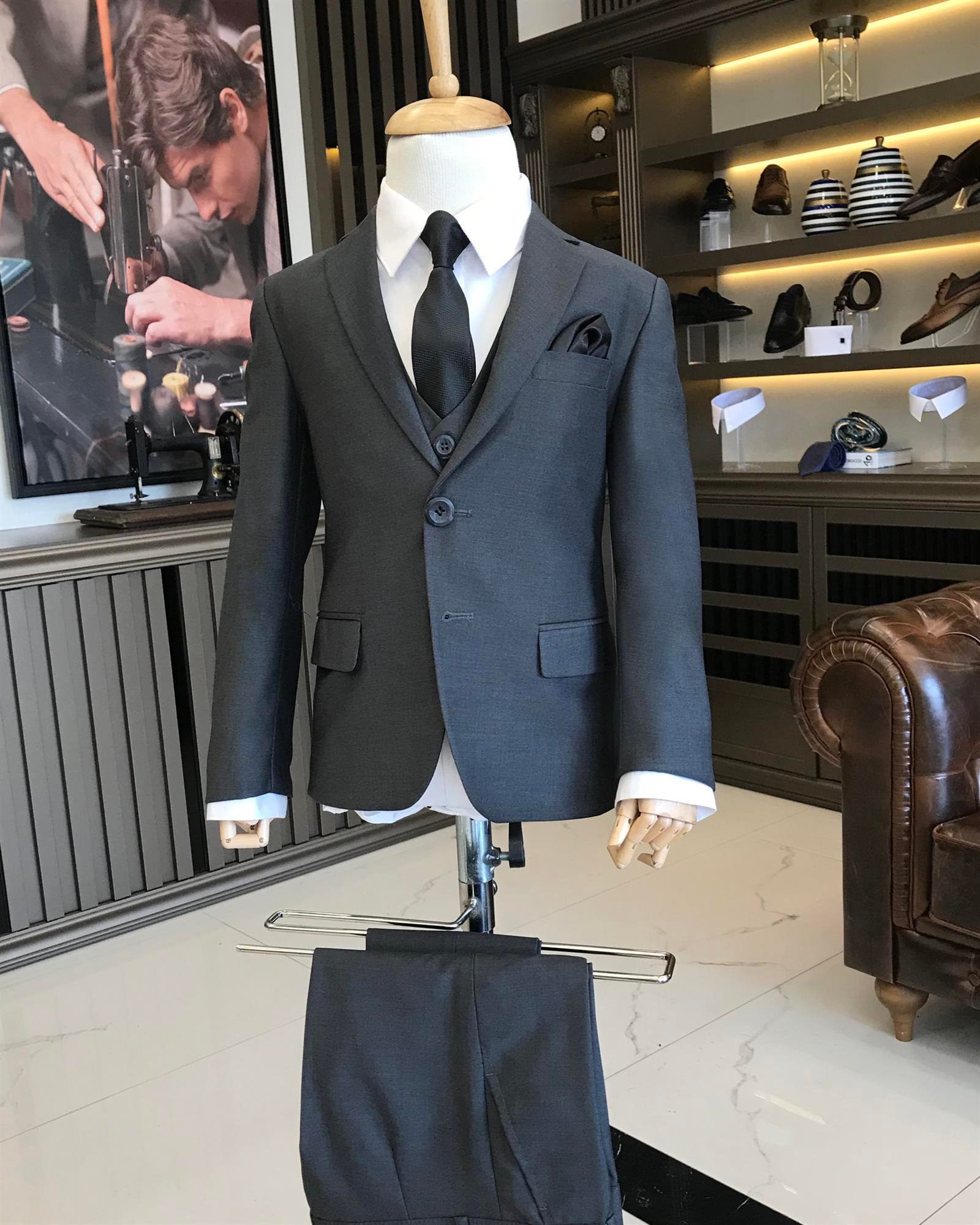İtalyan stil slim fit mono yaka ceket yelek pantolon çocuk takım elbise set antrasit T8808