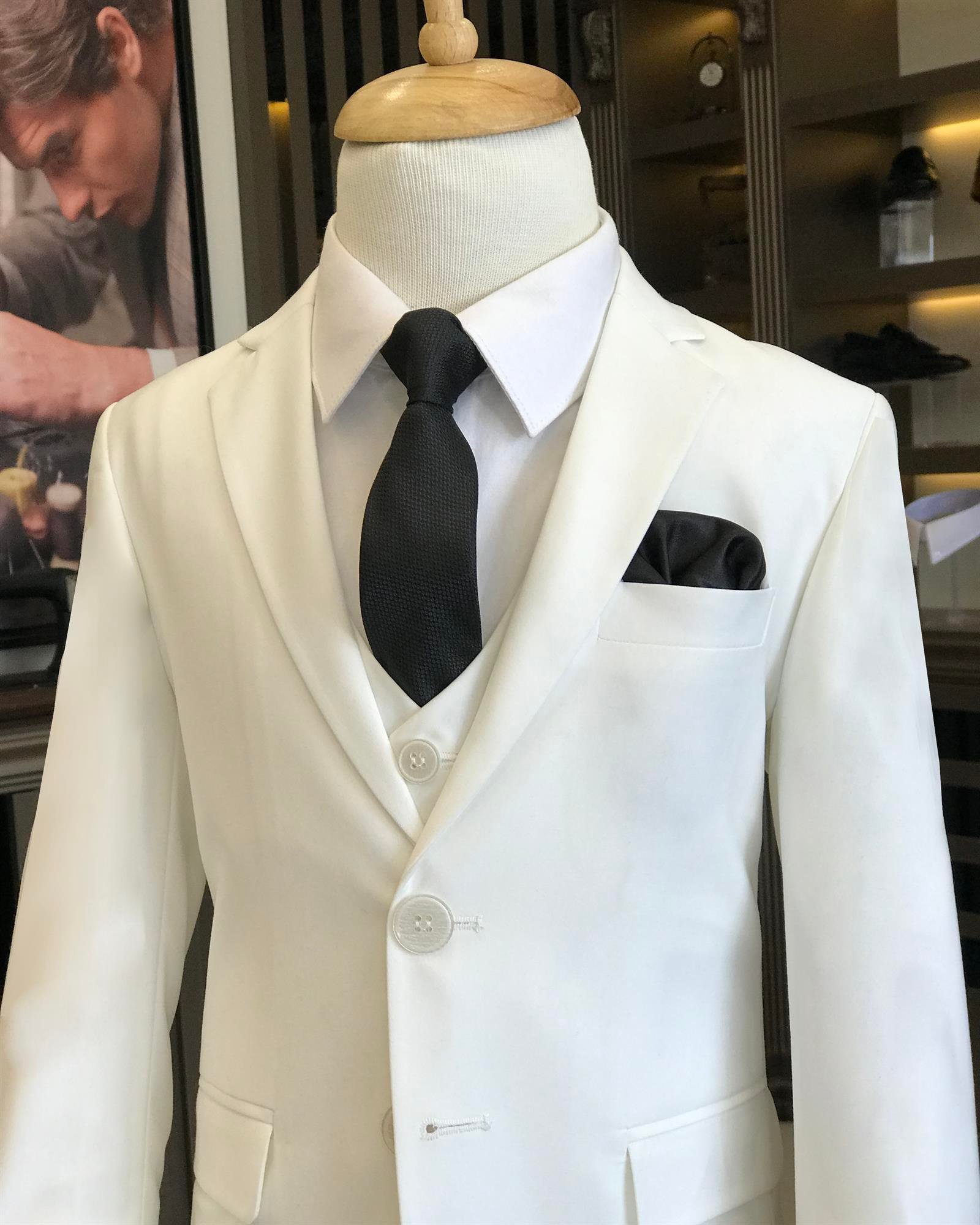 İtalyan stil slim fit mono yaka ceket yelek pantolon çocuk takım elbise Ekru T8810
