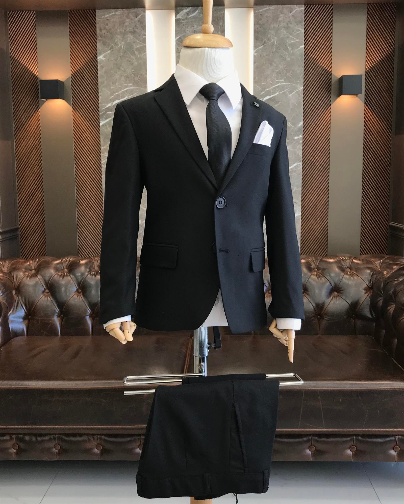 İtalyan stil slim fit mono yaka ceket pantolon çocuk takım elbise set Siyah T8214