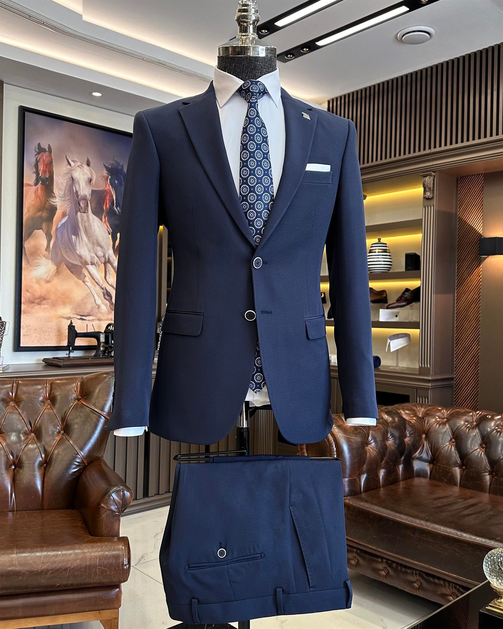 İtalyan stil slim fit mono yaka ceket pantolon takım elbise lacivert T9999