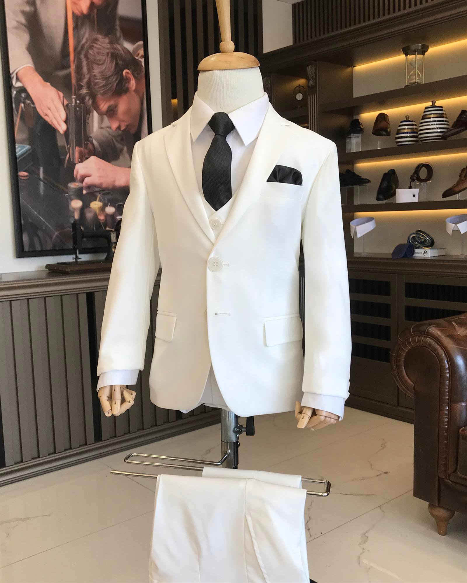 İtalyan stil slim fit mono yaka ceket yelek pantolon çocuk takım elbise Ekru T8810