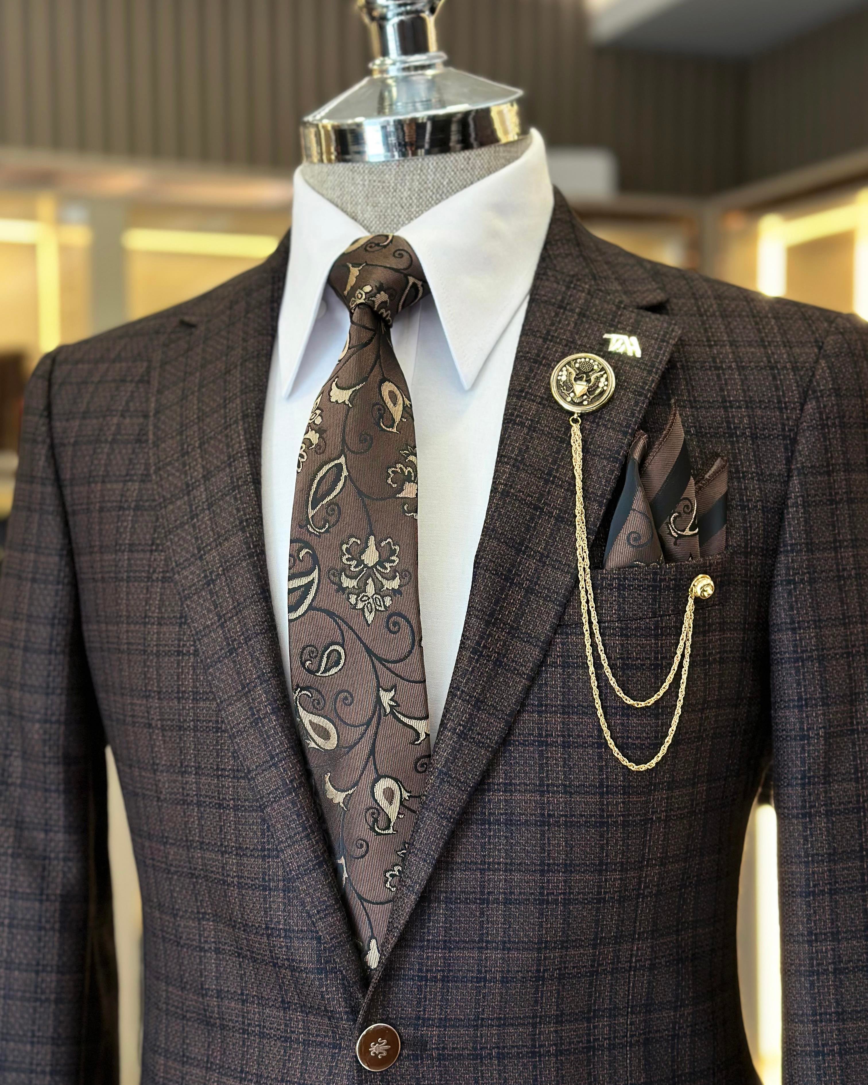  Italian style slim fit mono collar plaid men's jacket brown T10750