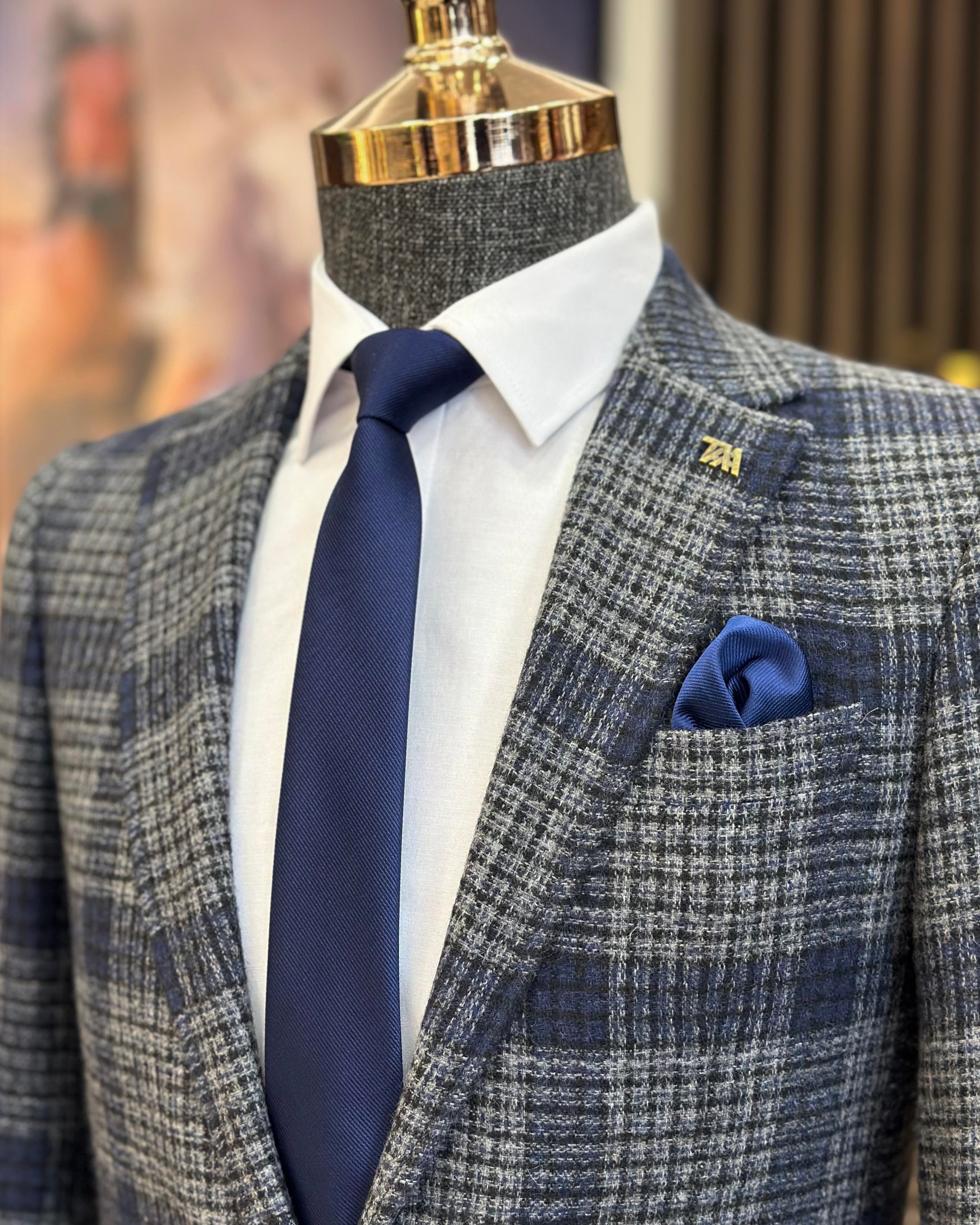 Italian style slim fit mono collar plaid men's jacket navy blue T10746