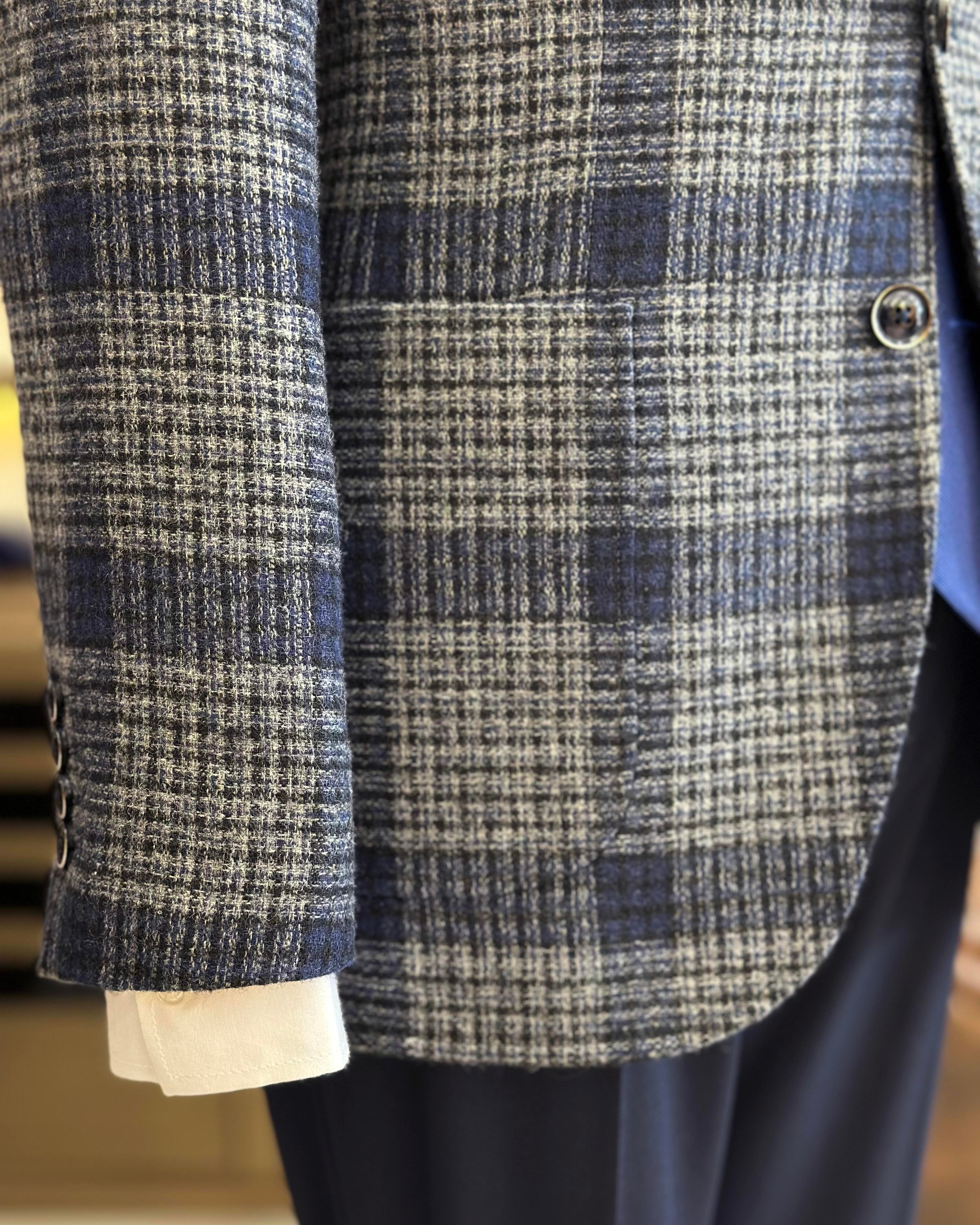 Italian style slim fit mono collar plaid men's jacket navy blue T10746