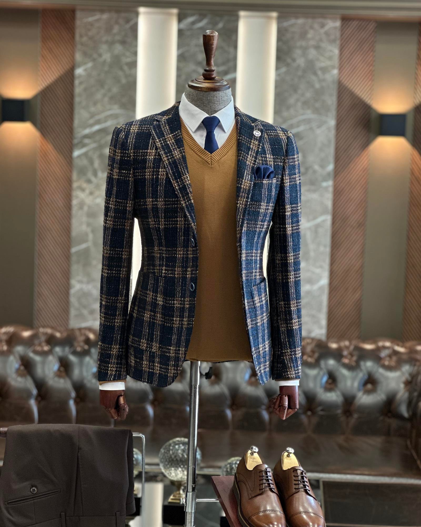 İtalyan stil slim fit mono yaka ekose erkek ceket lacivert T10058