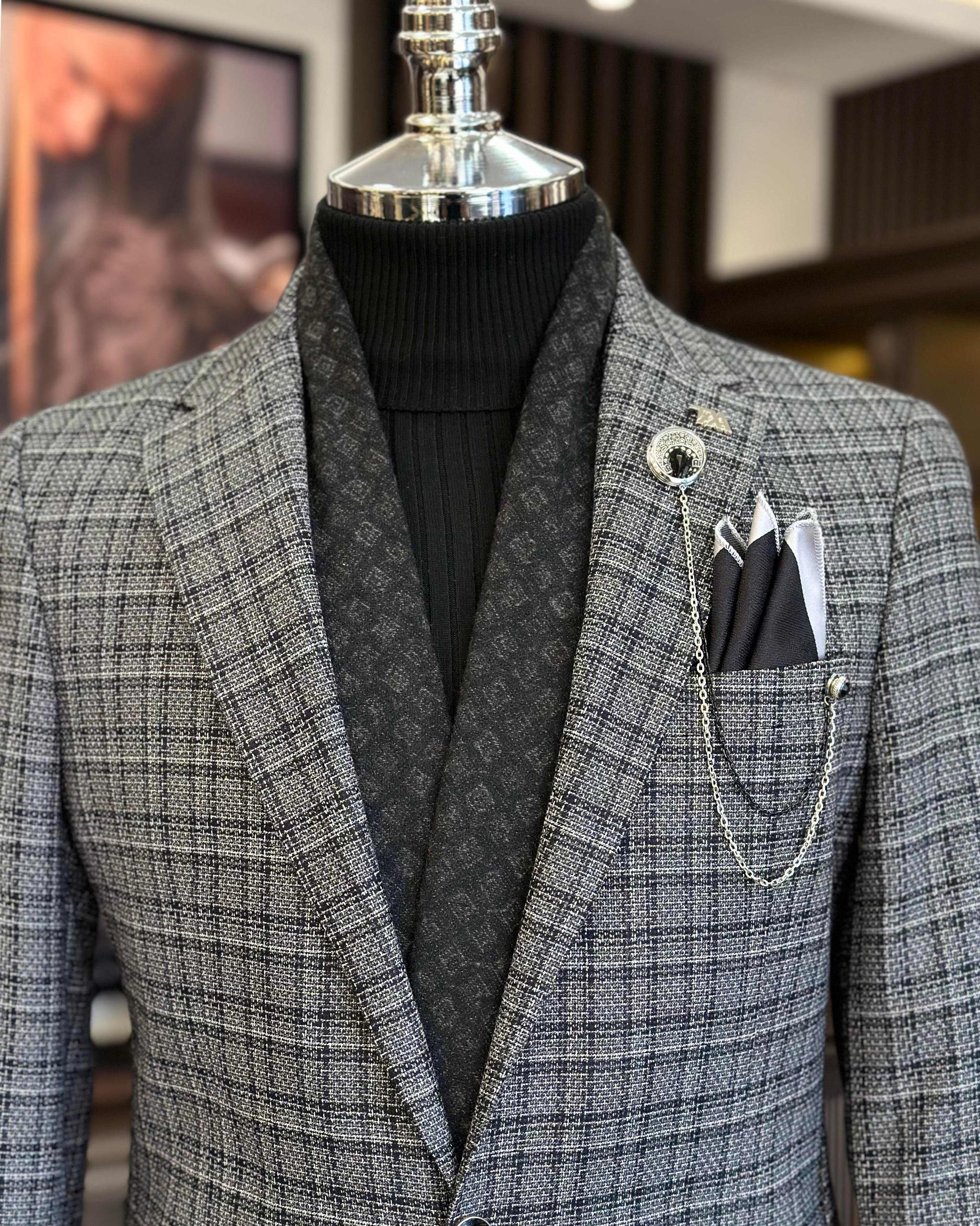 Italian style slim fit mono collar plaid men's jacket black T10751