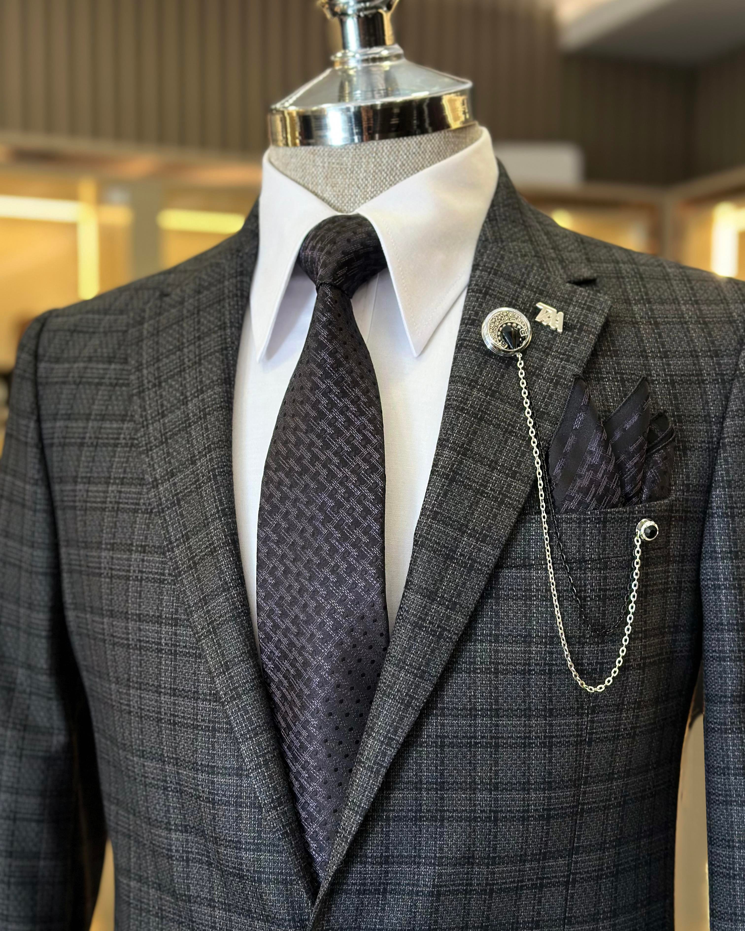 Italian style slim fit mono collar plaid men's jacket anthracite T10752