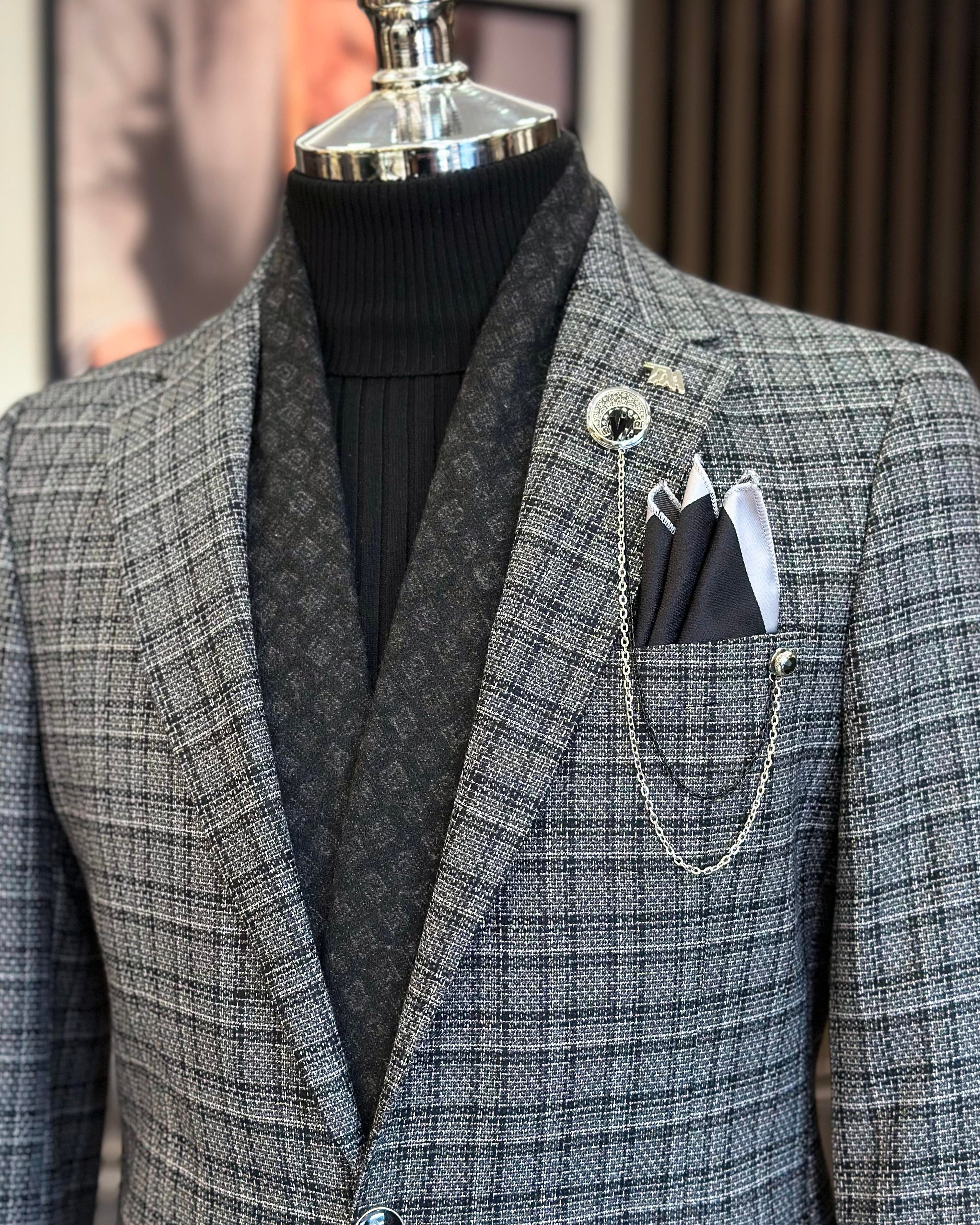 Italian style slim fit mono collar plaid men's jacket black T10751