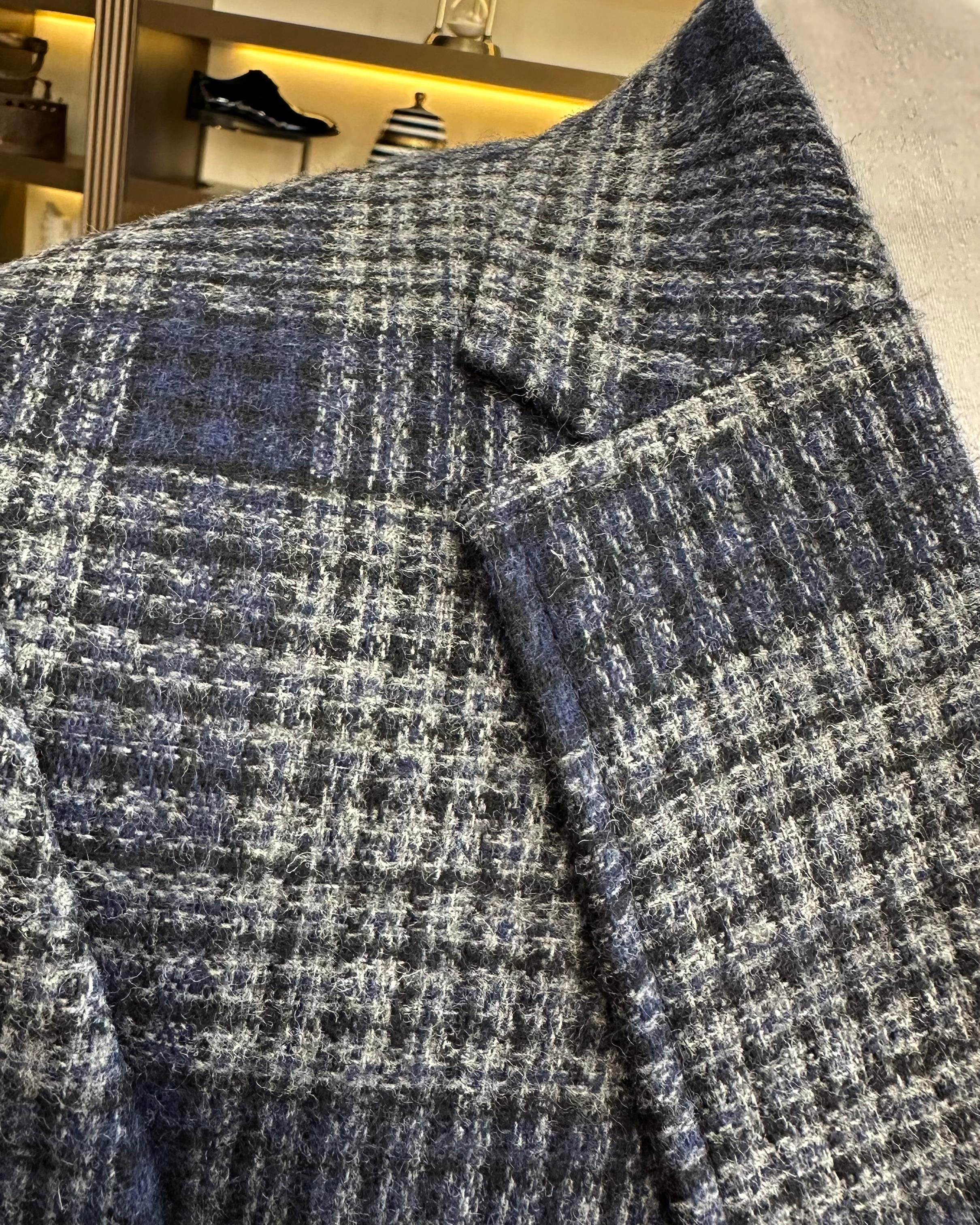 Italian style slim fit mono collar plaid men's jacket navy blue T10746