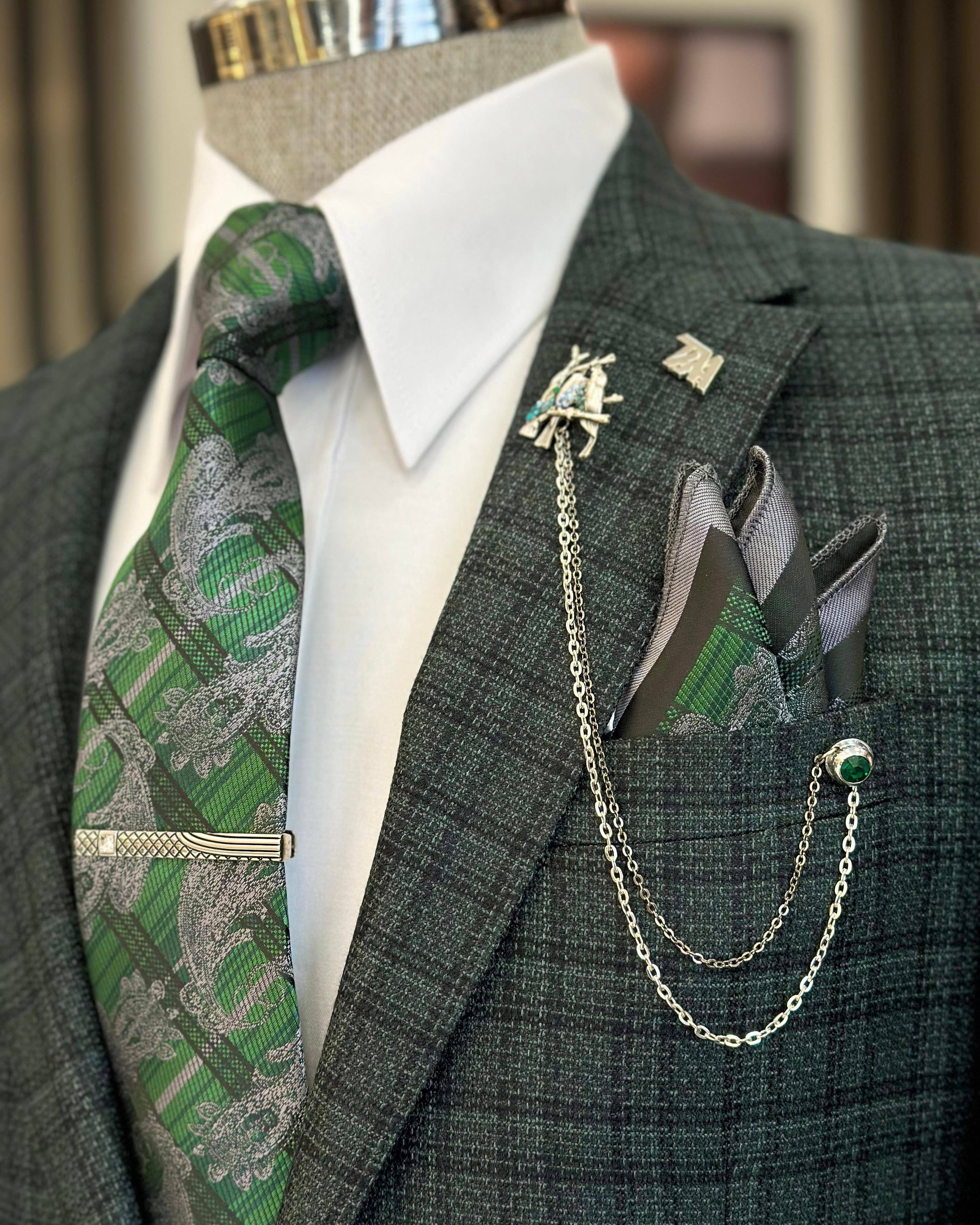 Italian style slim fit mono collar plaid men's jacket green T10749