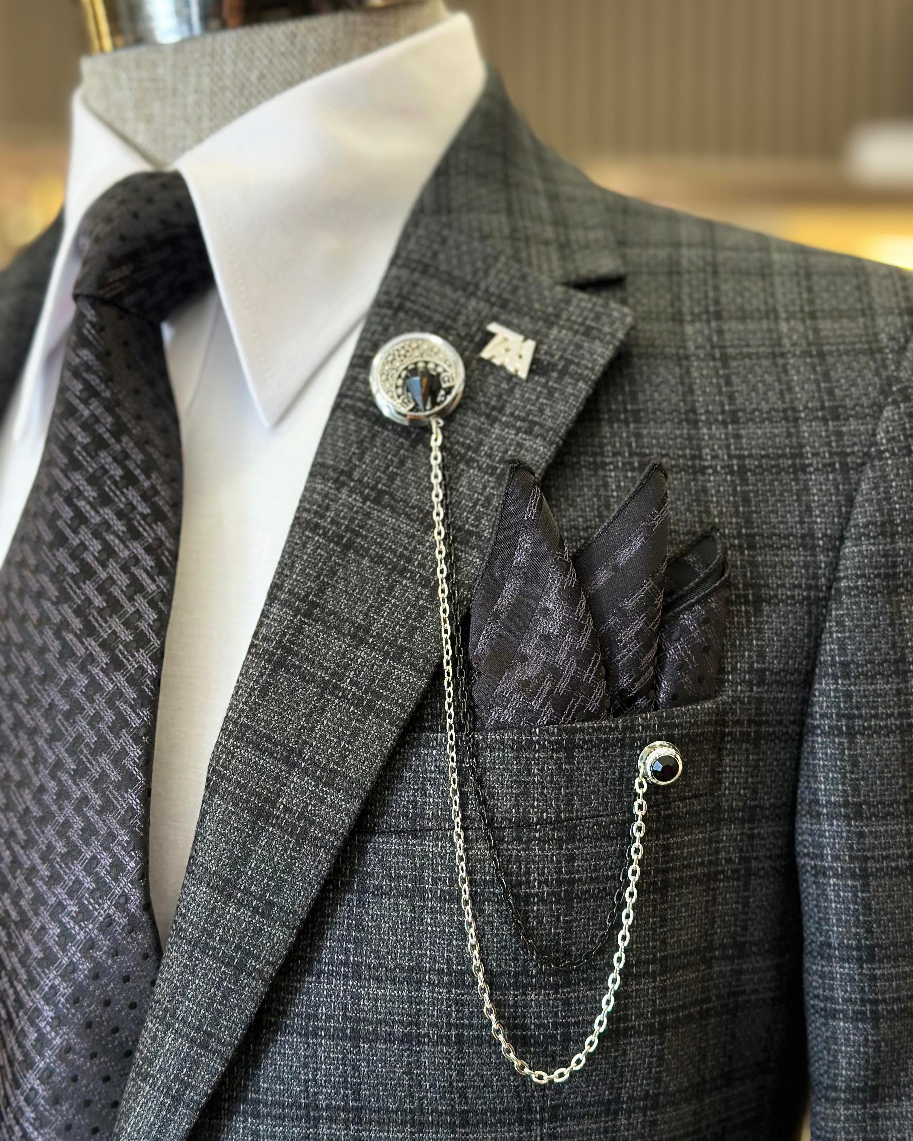 Italian style slim fit mono collar plaid men's jacket anthracite T10752