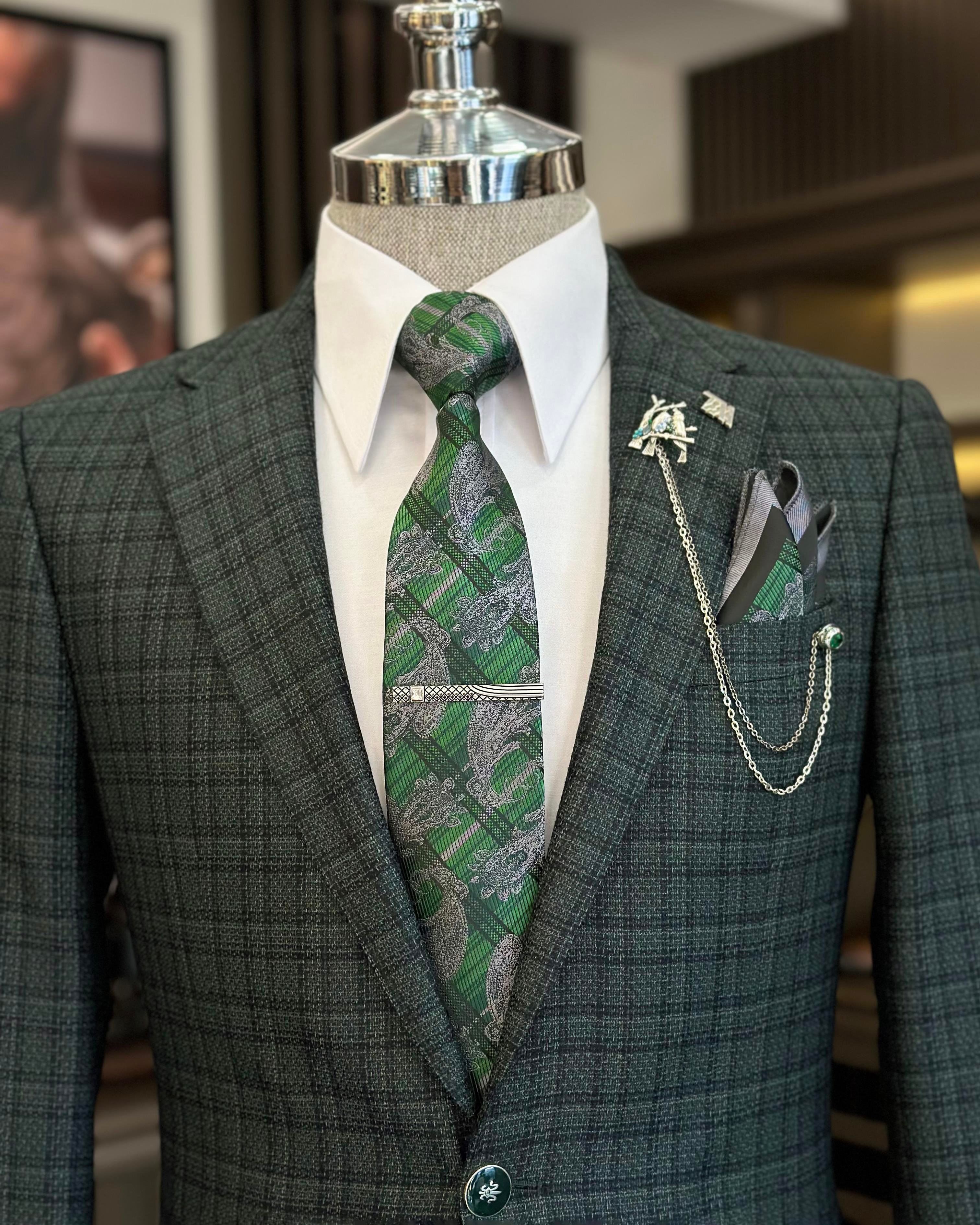Italian style slim fit mono collar plaid men's jacket green T10749