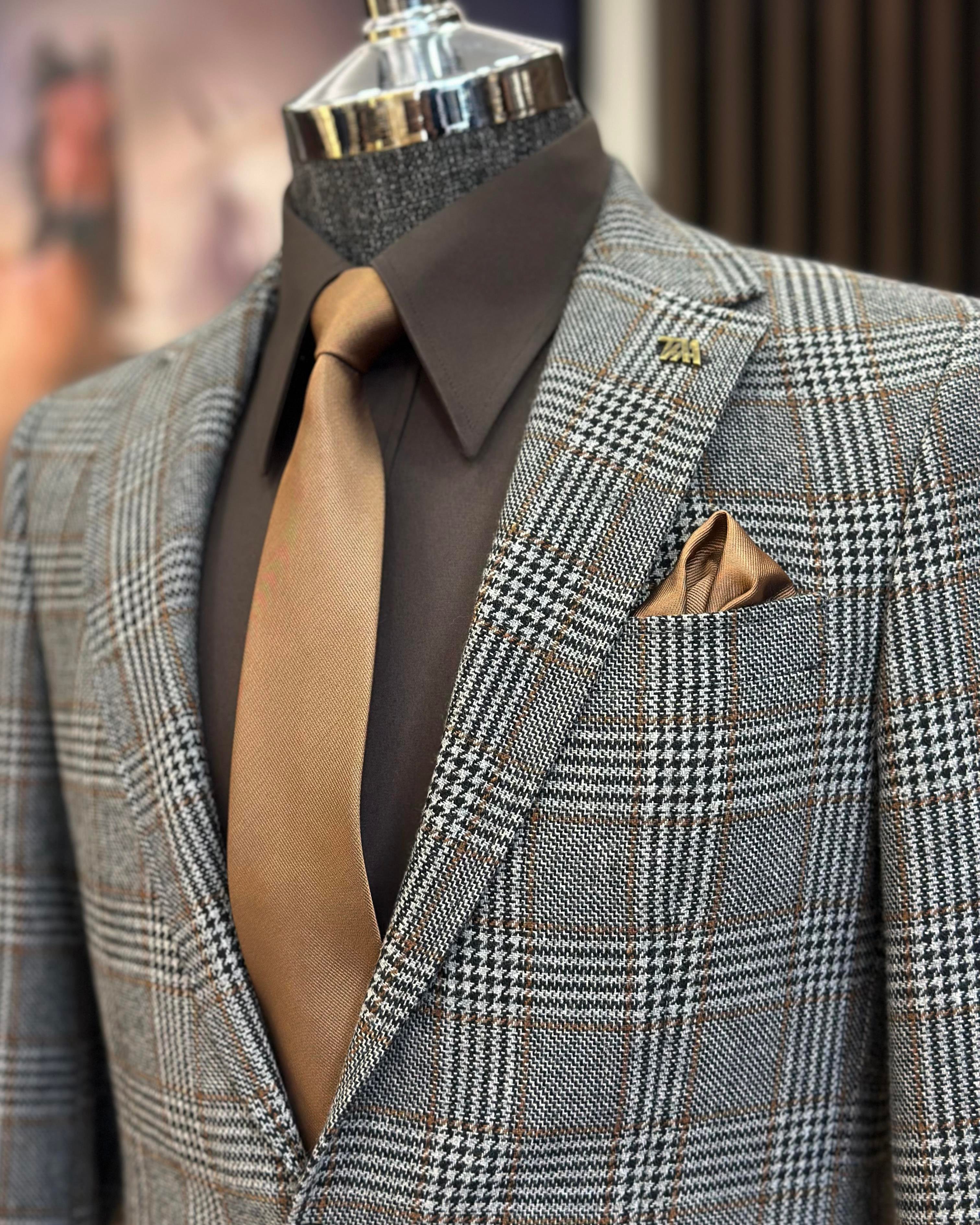 Italian style slim fit mono collar plaid men's jacket black T10745