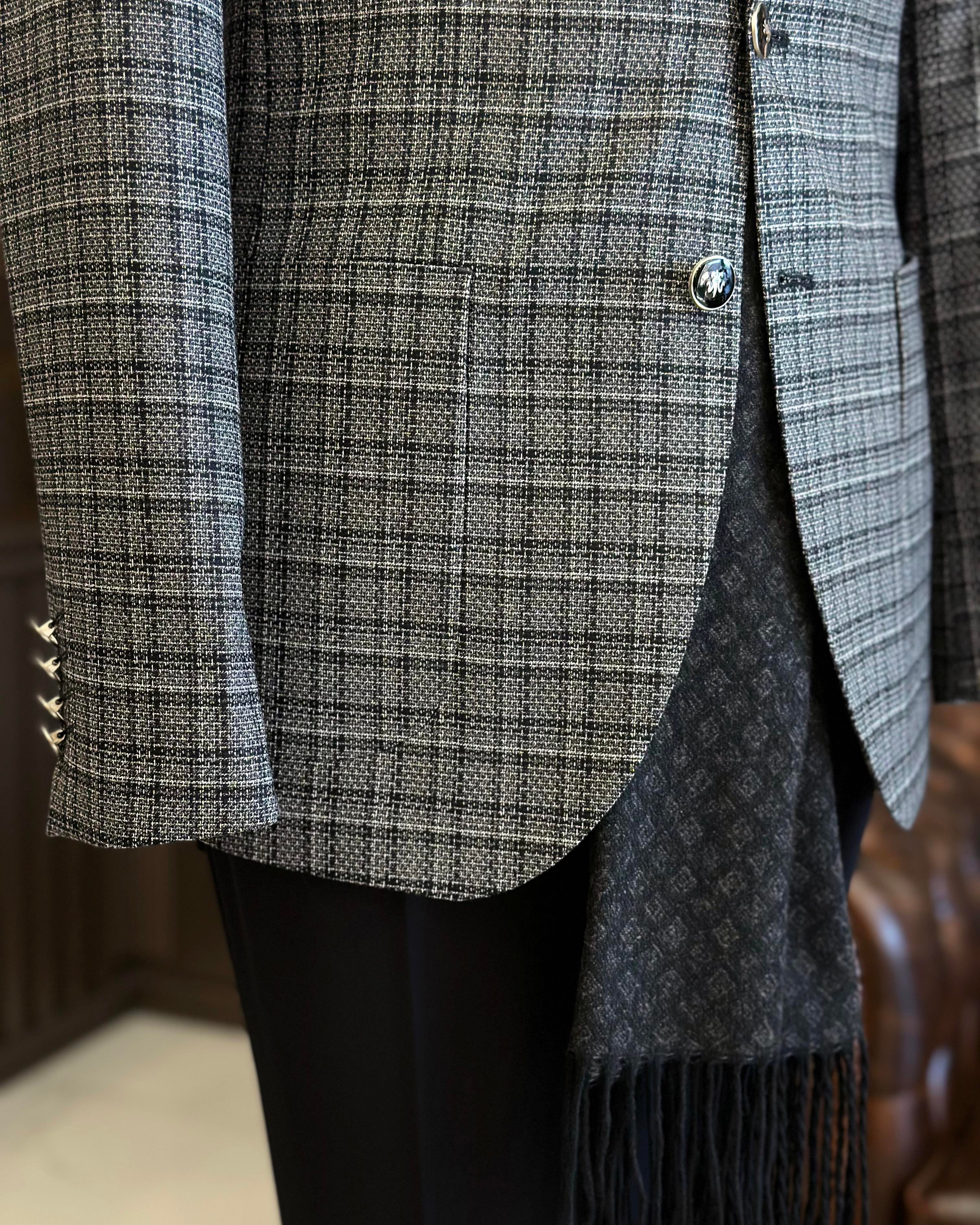Italian style slim fit mono collar plaid men's jacket black T10751