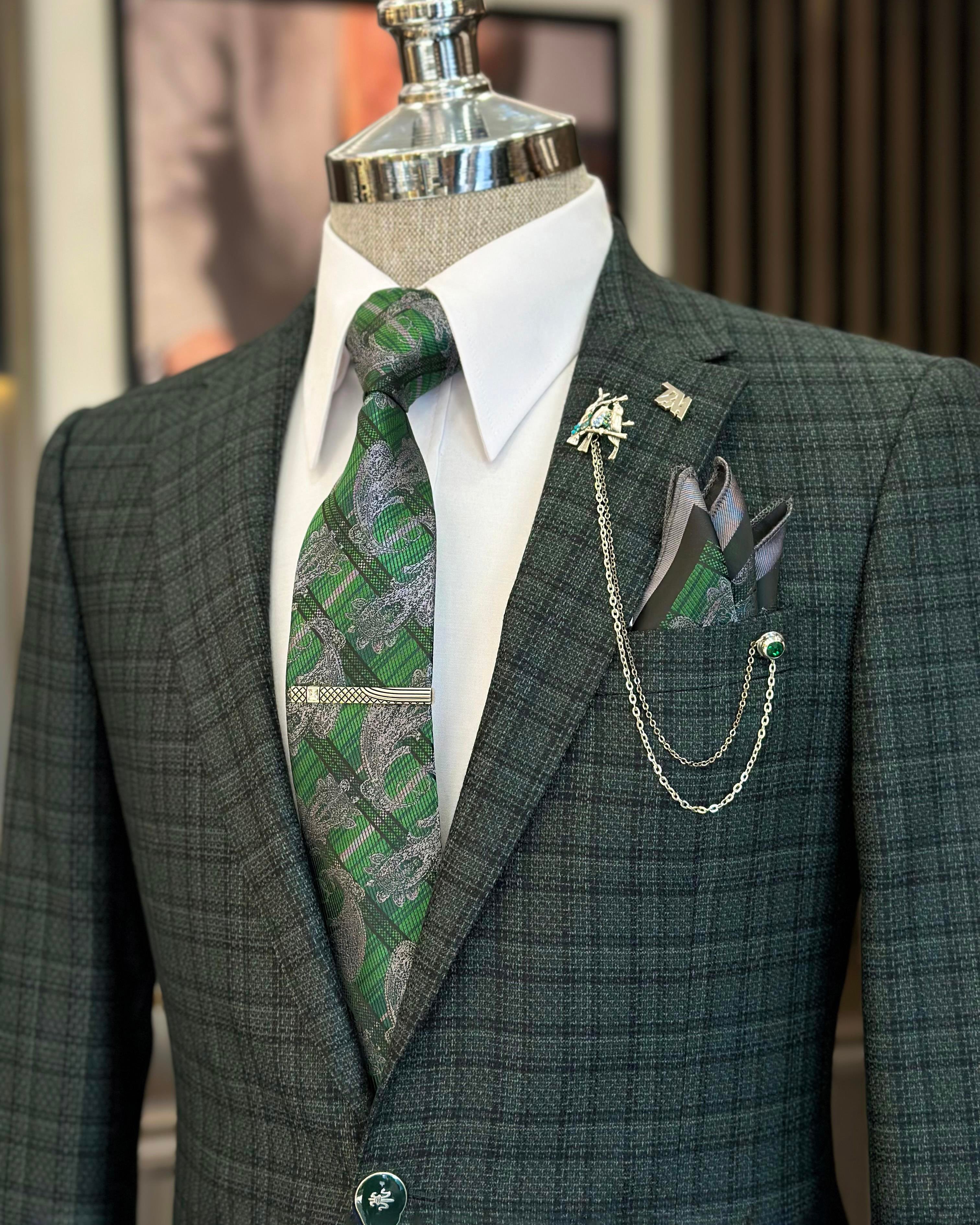 Italian style slim fit mono collar plaid men's jacket green T10749