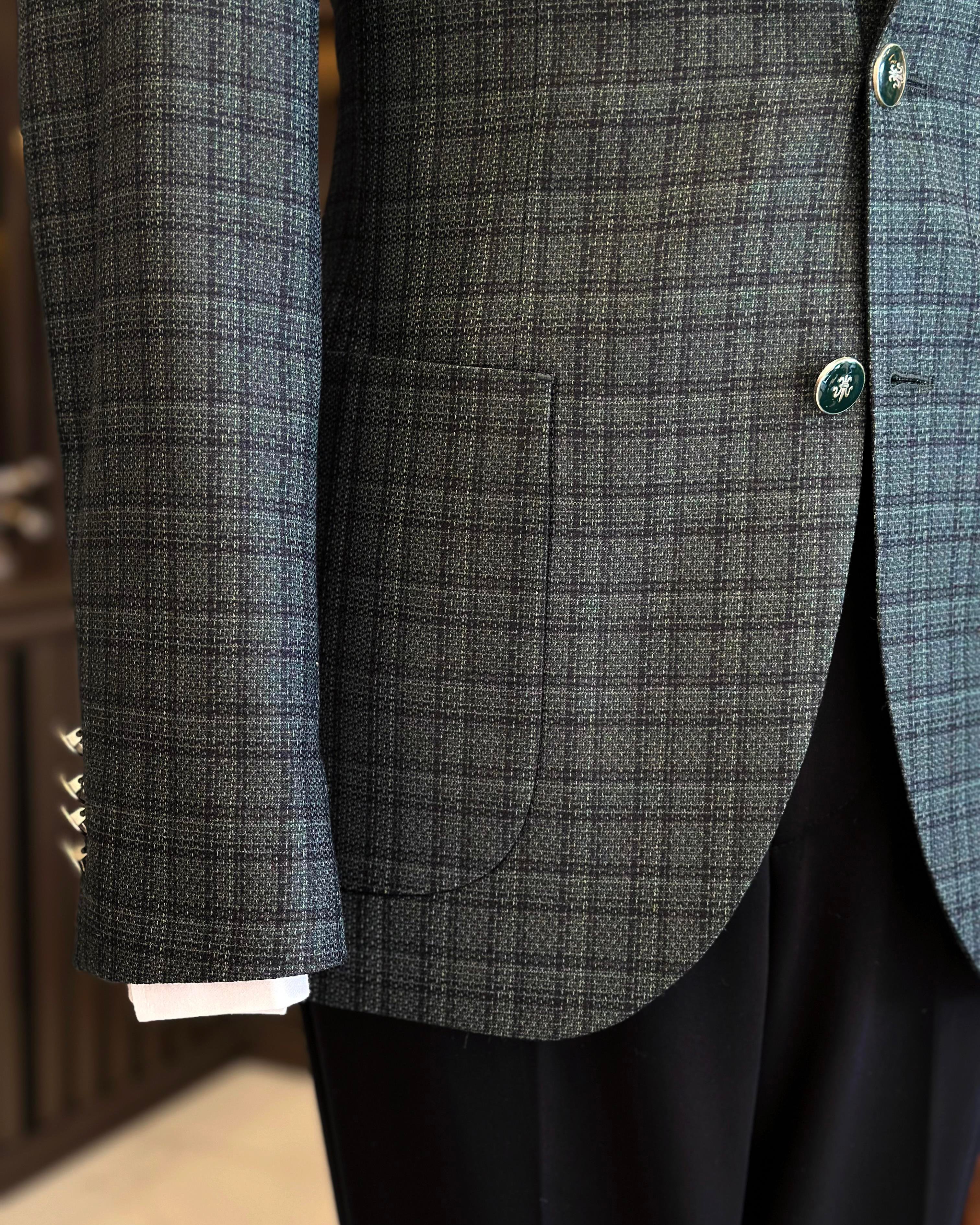 Italian style slim fit mono collar plaid men's jacket green T10749