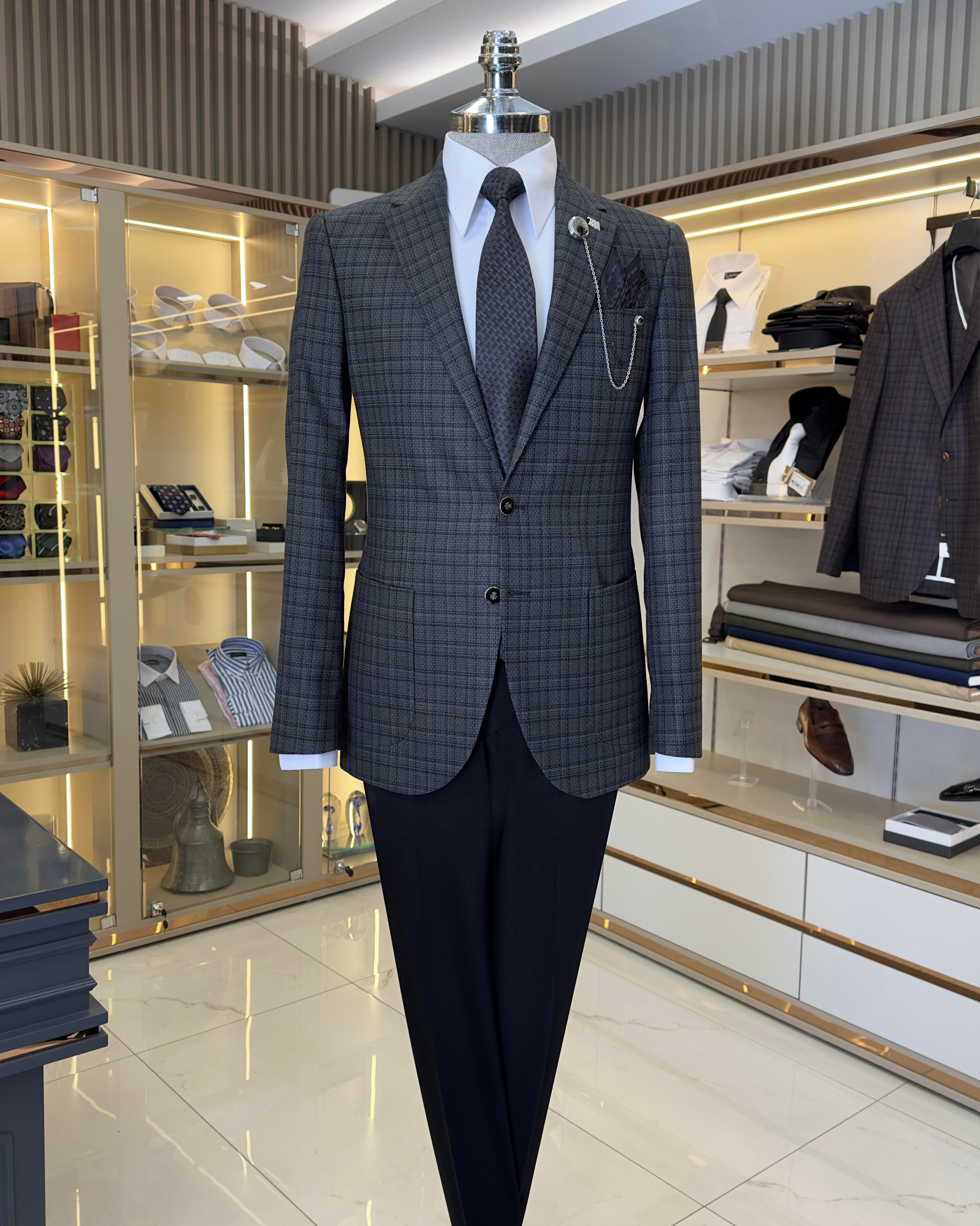 Italian style slim fit mono collar plaid men's jacket anthracite T10752