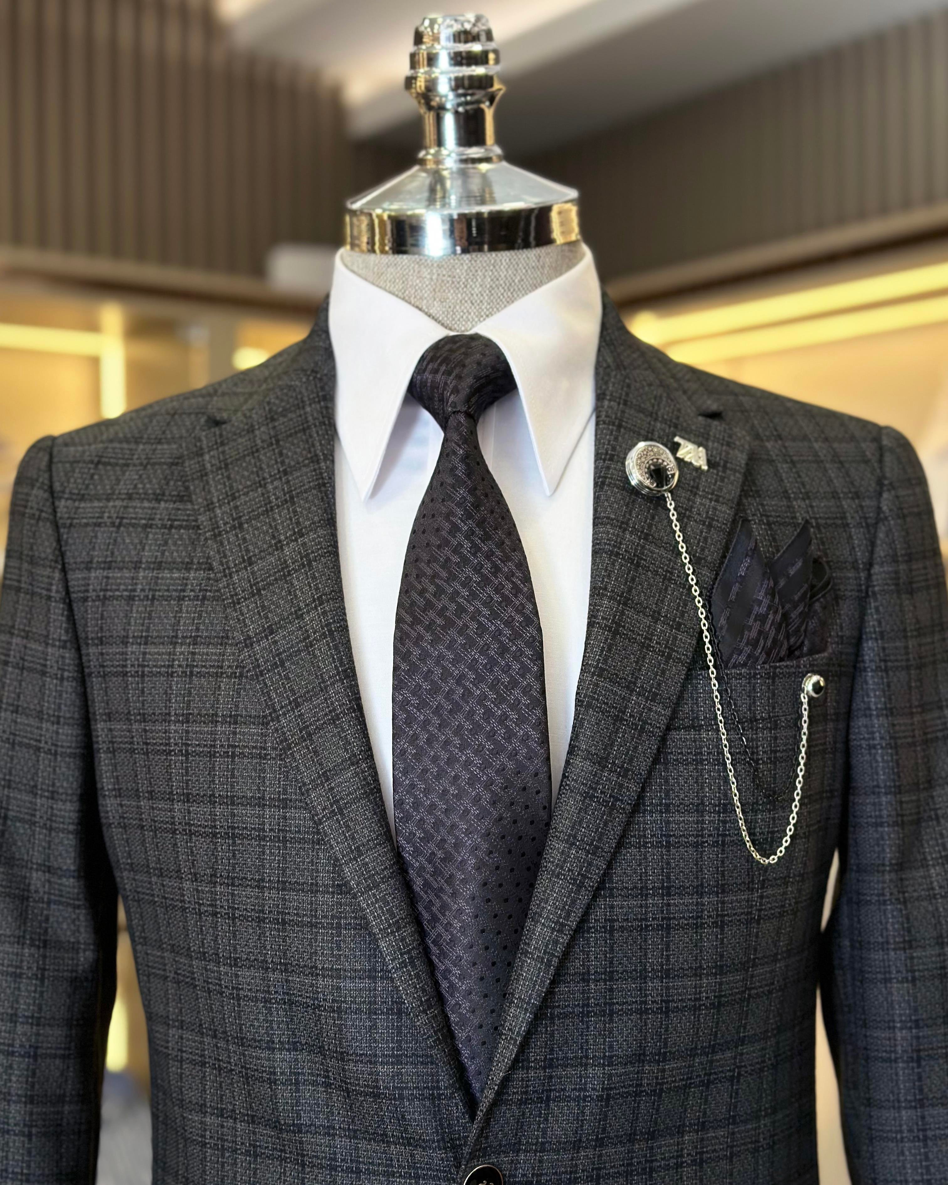 Italian style slim fit mono collar plaid men's jacket anthracite T10752