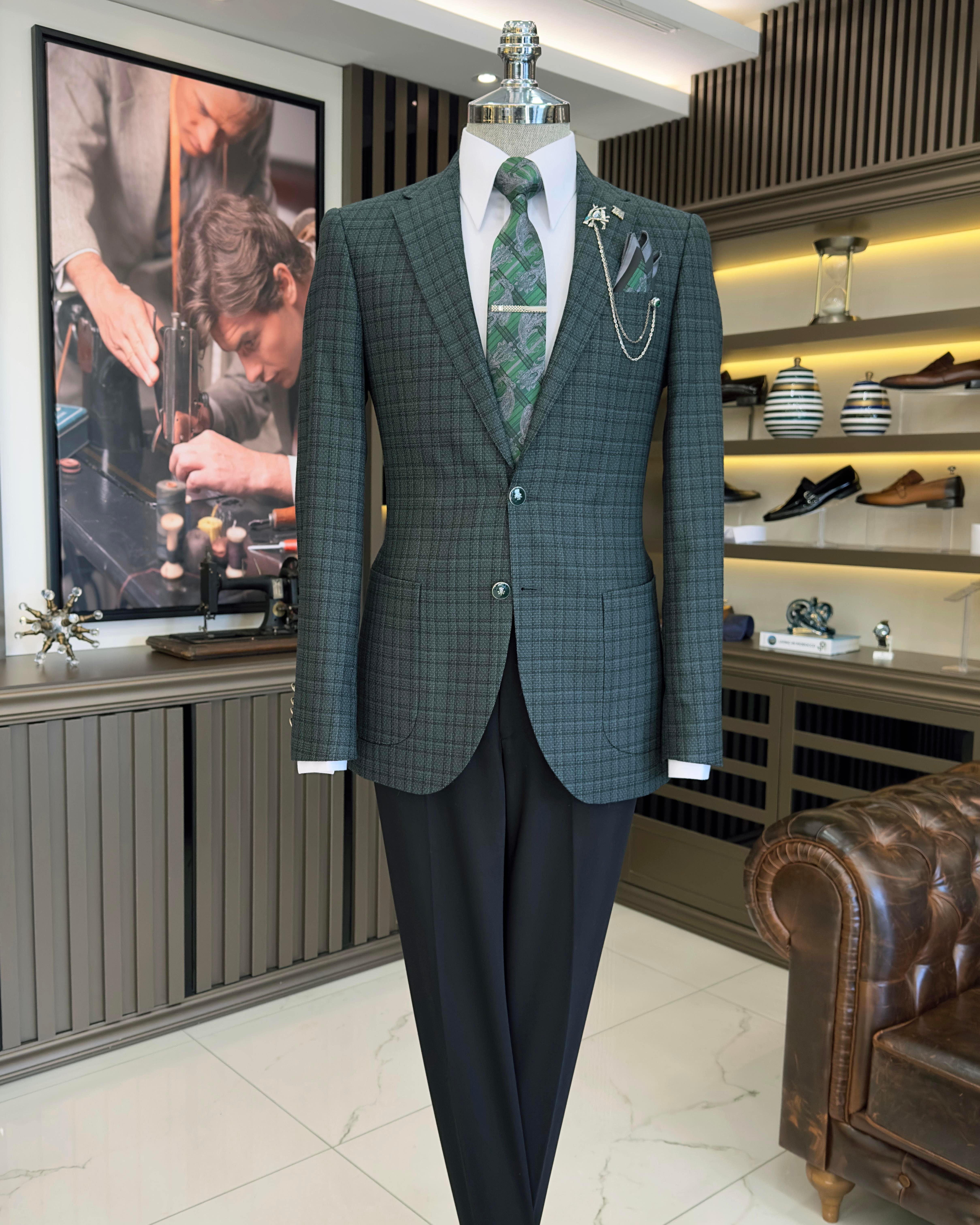 Italian style slim fit mono collar plaid men's jacket green T10749