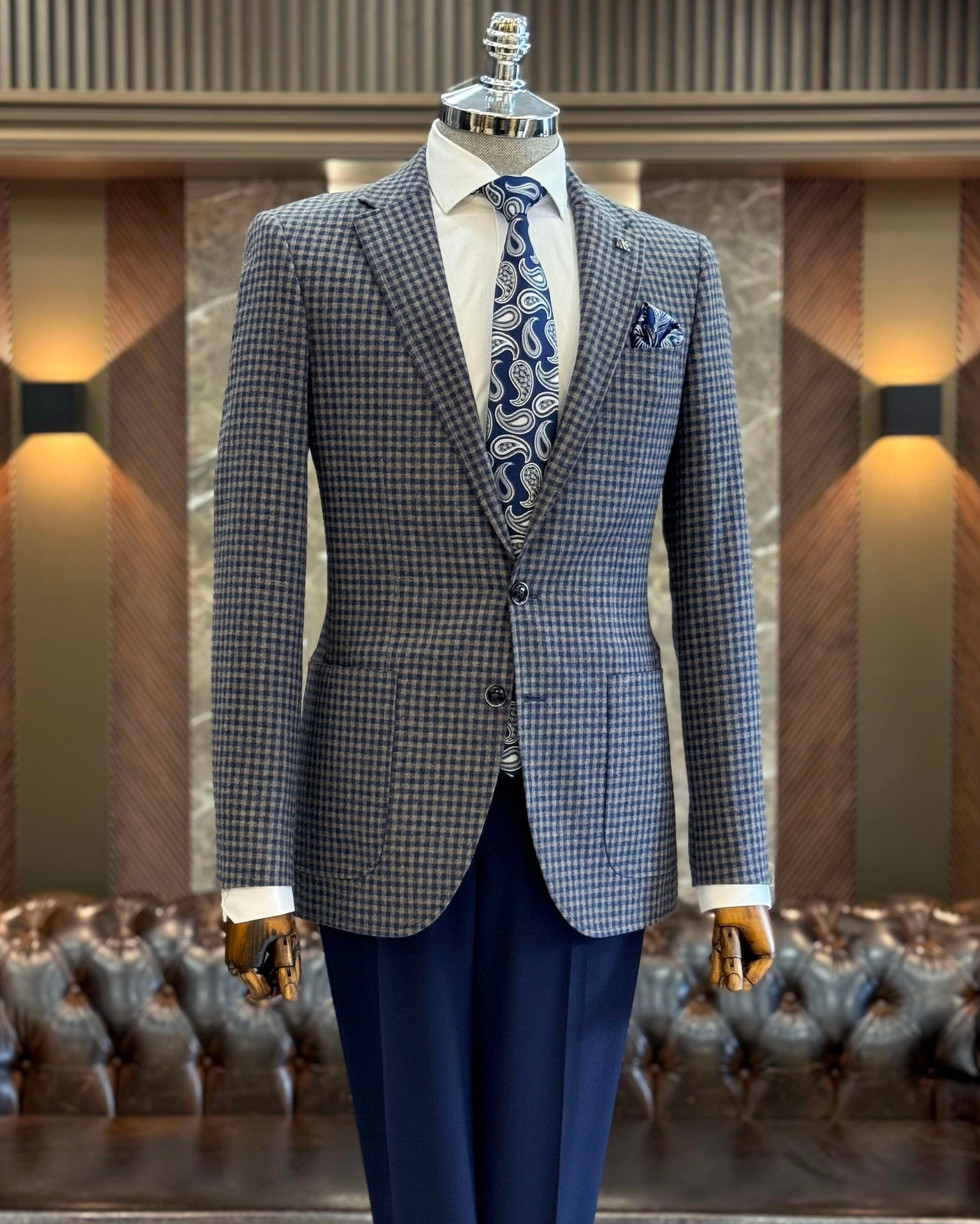 İtalyan stil slim fit mono yaka erkek ceket lacivert T10748